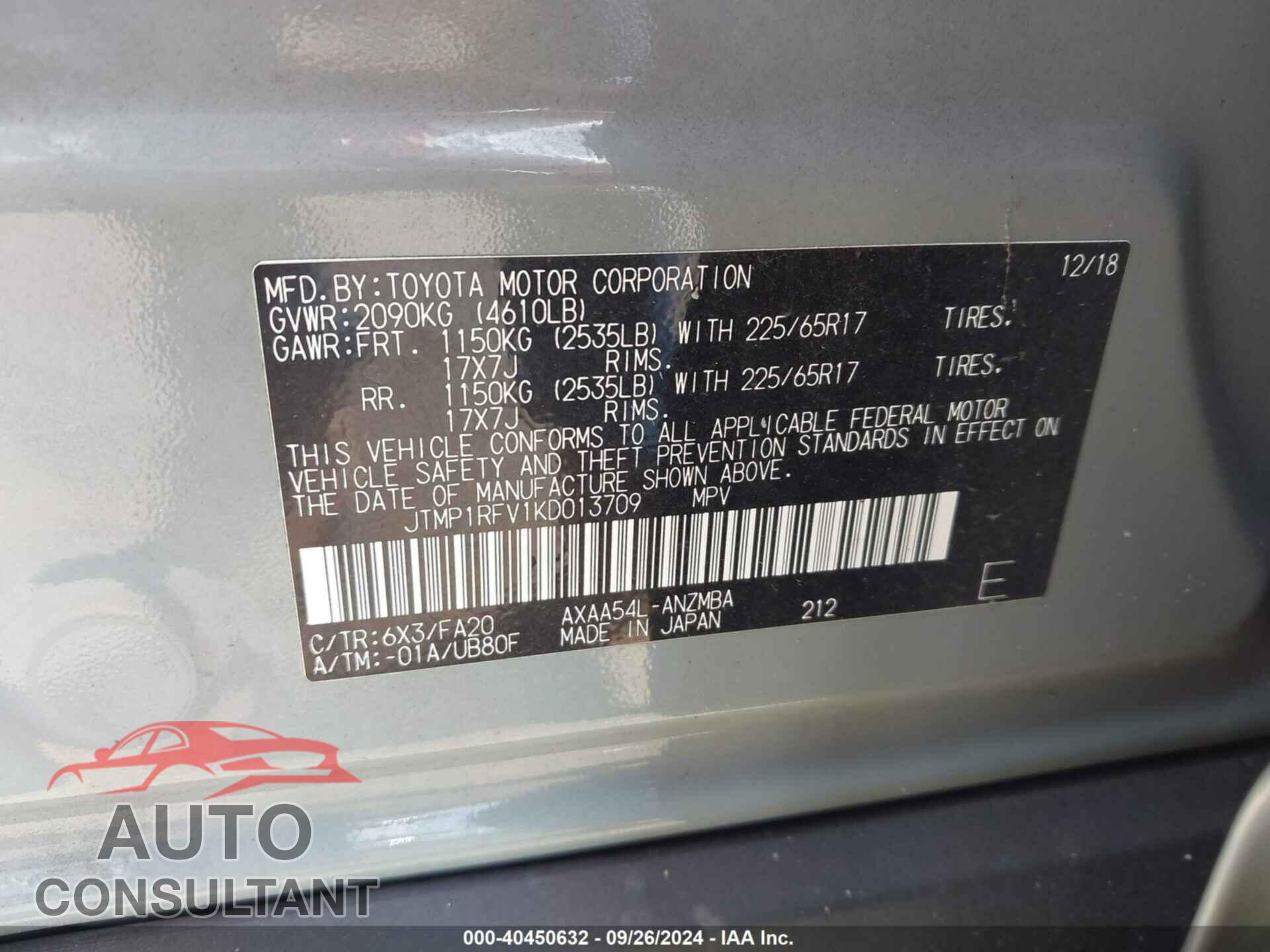 TOYOTA RAV4 2019 - JTMP1RFV1KD013709