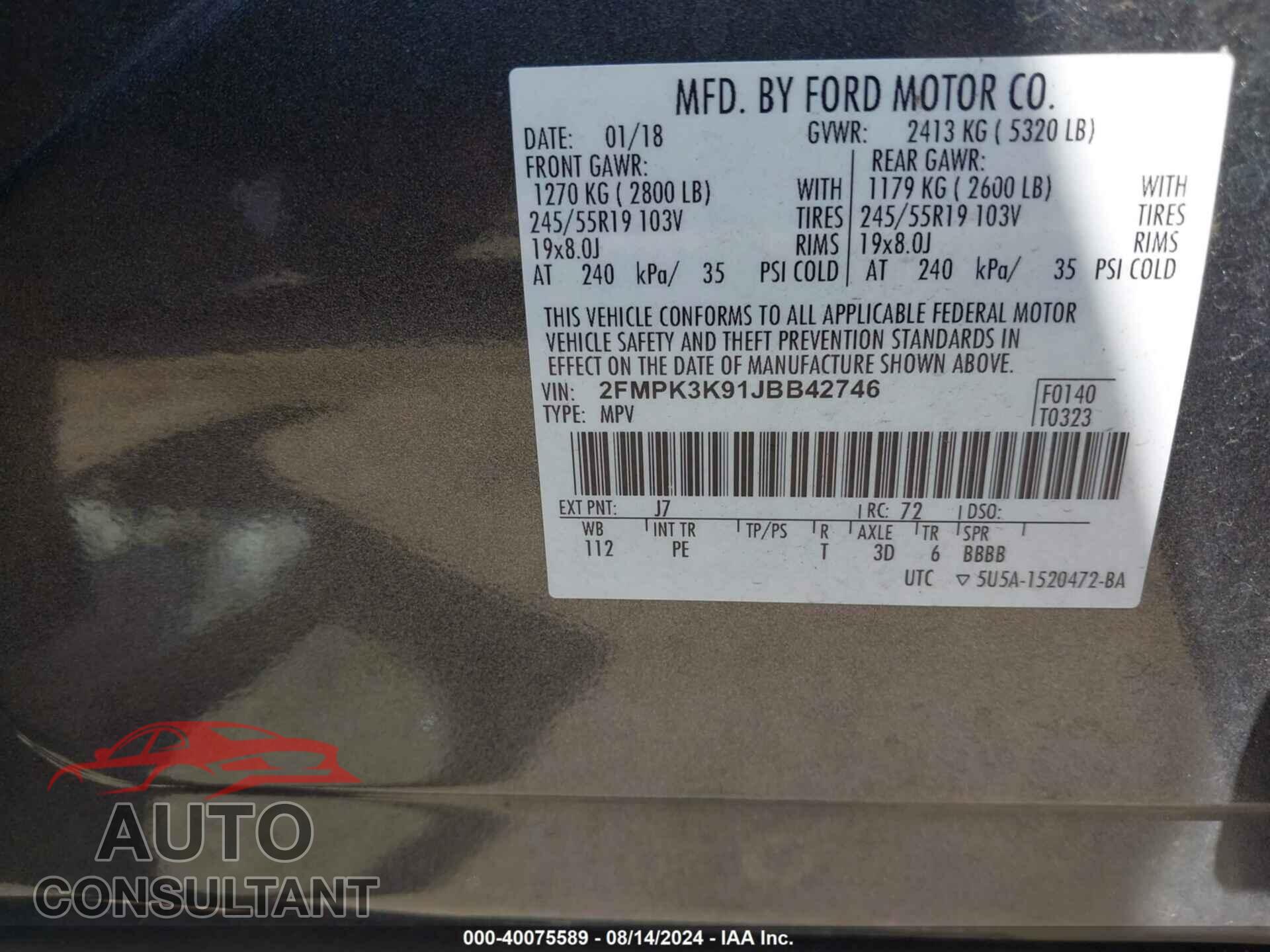 FORD EDGE 2018 - 2FMPK3K91JBB42746