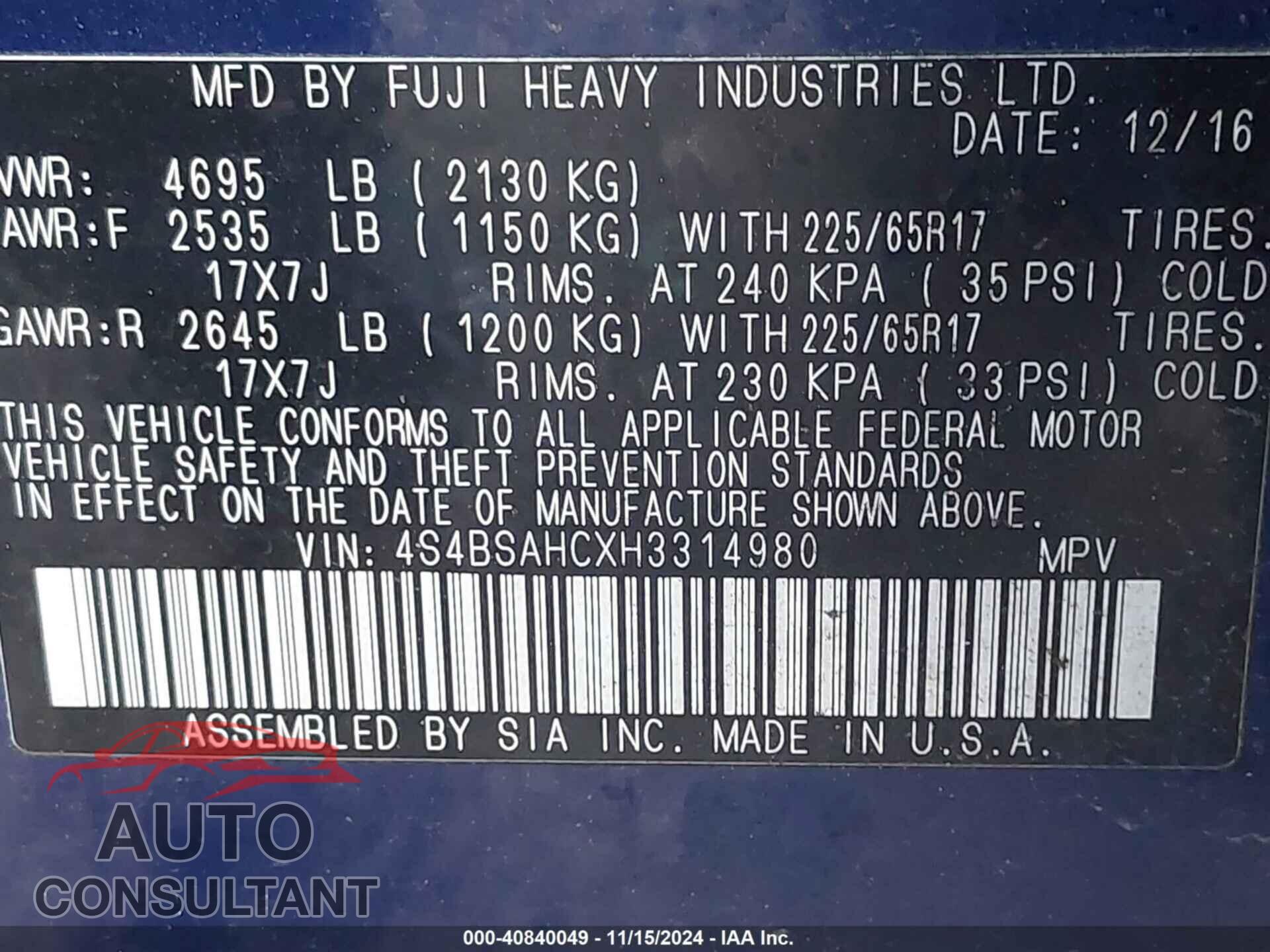 SUBARU OUTBACK 2017 - 4S4BSAHCXH3314980
