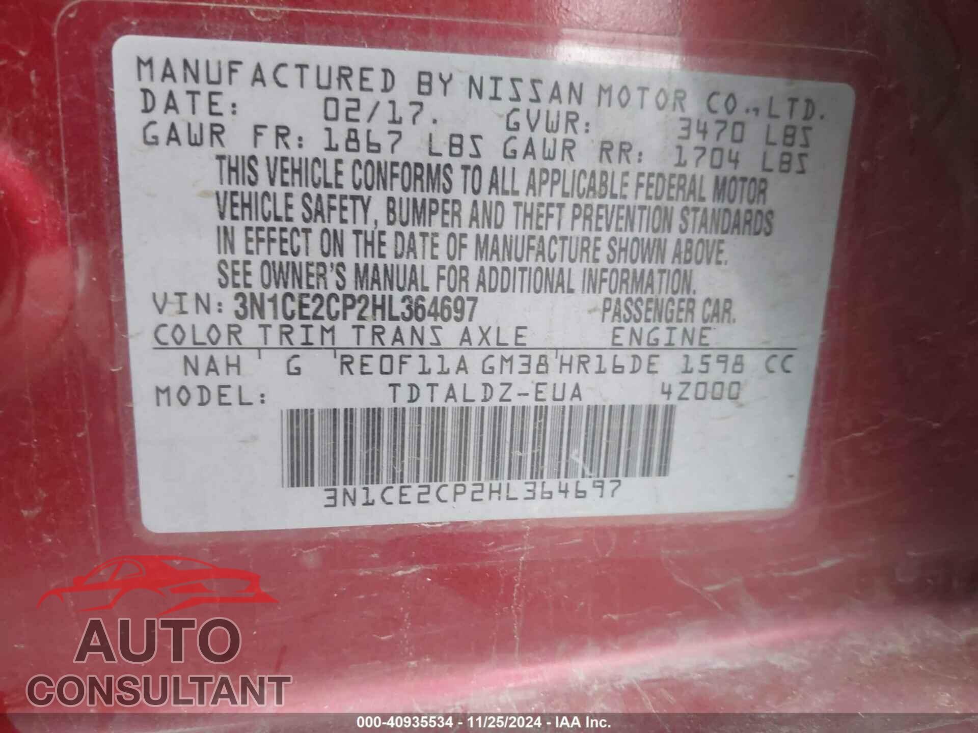 NISSAN VERSA NOTE 2017 - 3N1CE2CP2HL364697