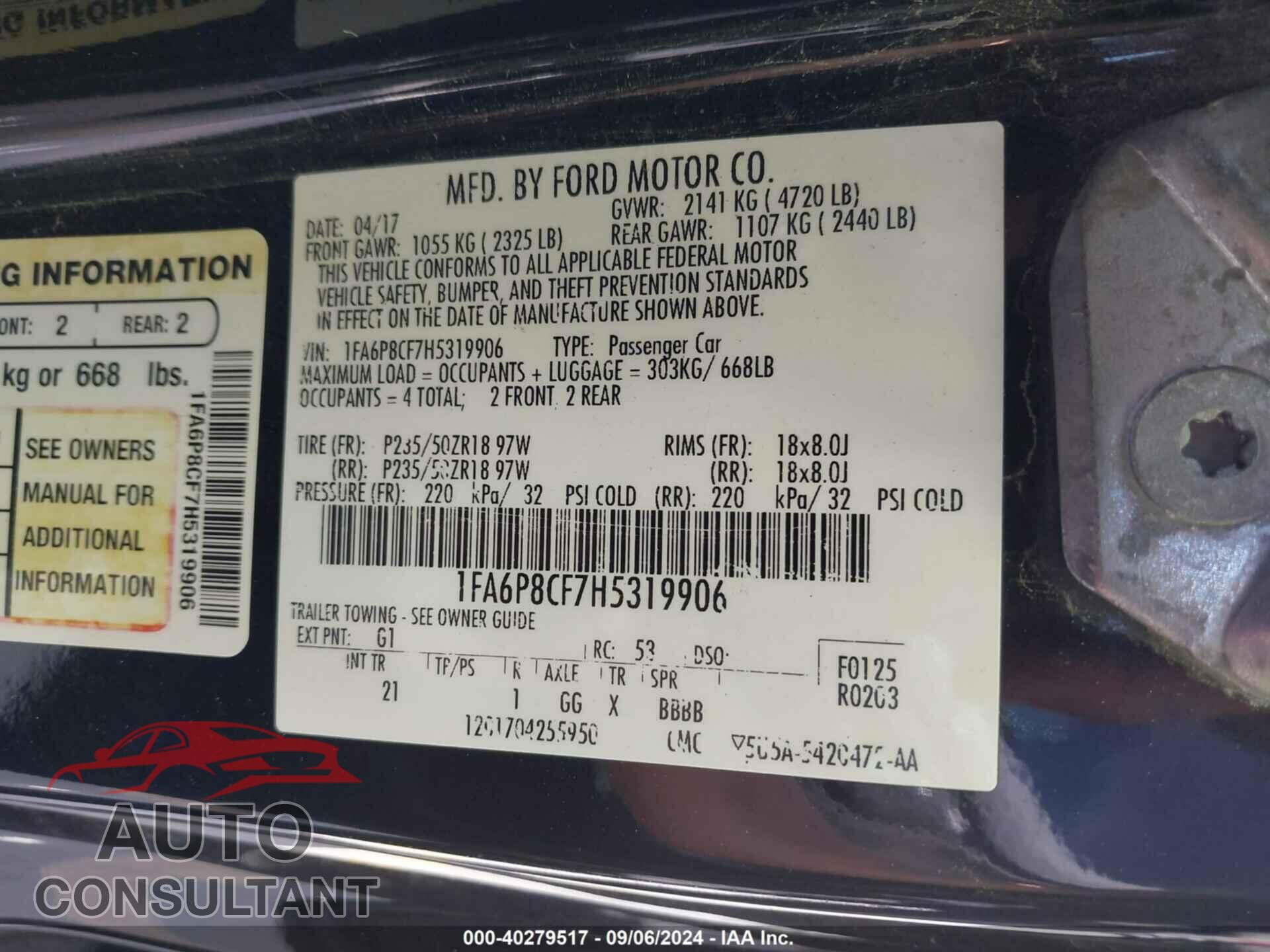 FORD MUSTANG 2017 - 1FA6P8CF7H5319906