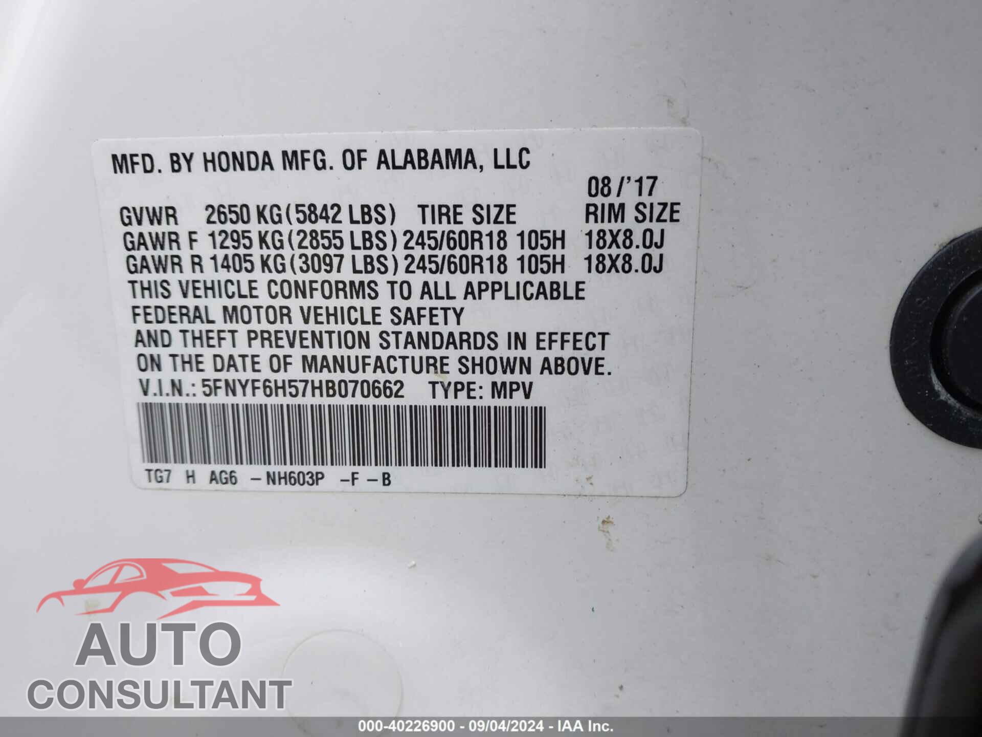 HONDA PILOT 2017 - 5FNYF6H57HB070662