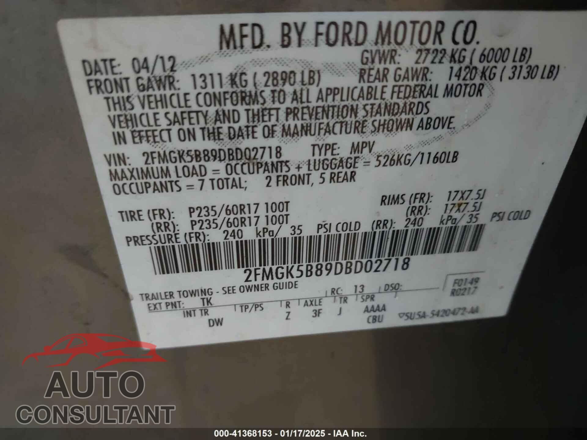 FORD FLEX 2013 - 2FMGK5B89DBD02718