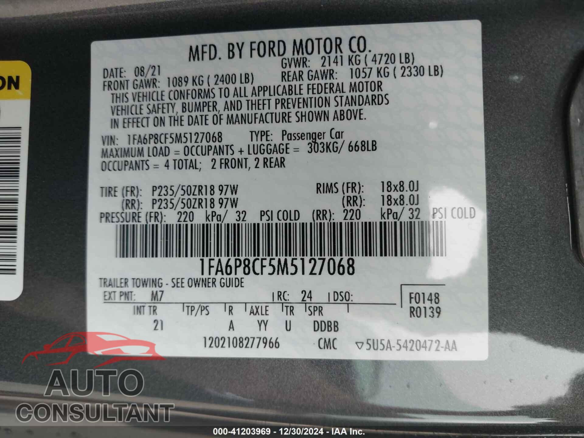 FORD MUSTANG 2021 - 1FA6P8CF5M5127068