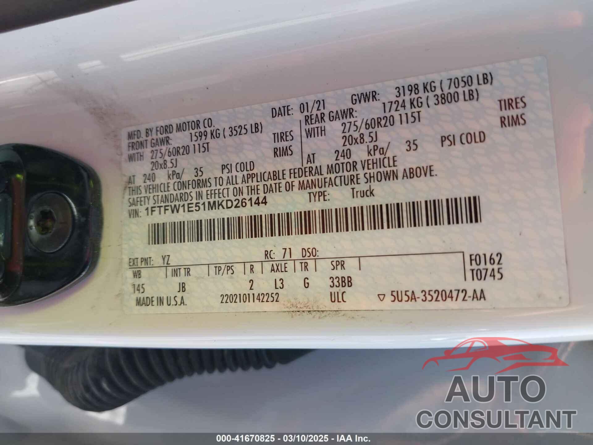 FORD F-150 2021 - 1FTFW1E51MKD26144