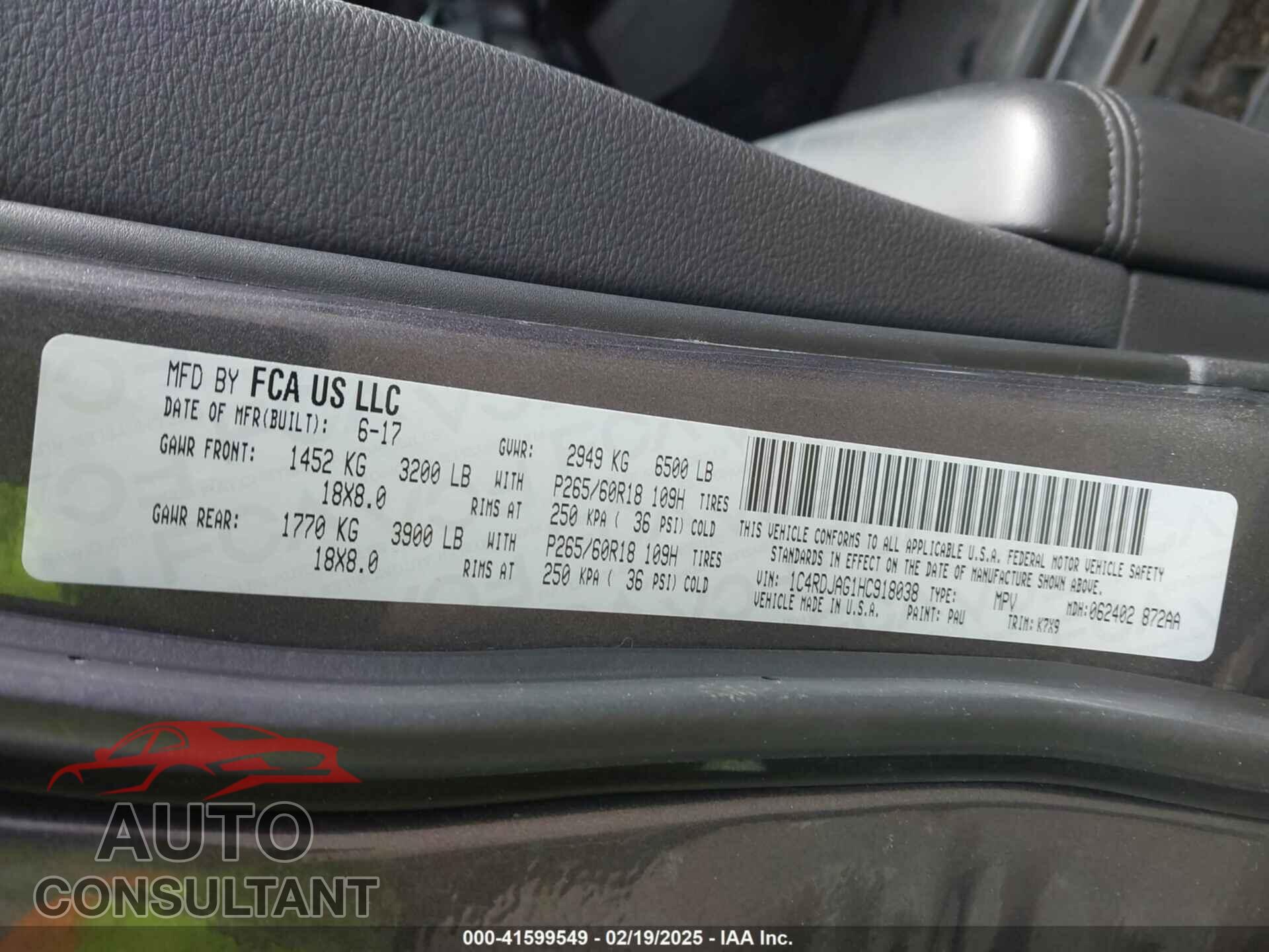 DODGE DURANGO 2017 - 1C4RDJAG1HC918038