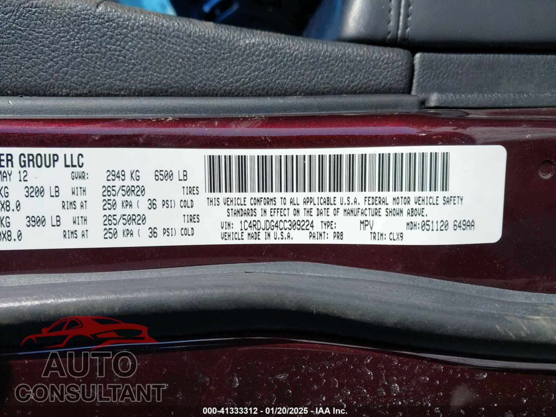 DODGE DURANGO 2012 - 1C4RDJDG4CC309224