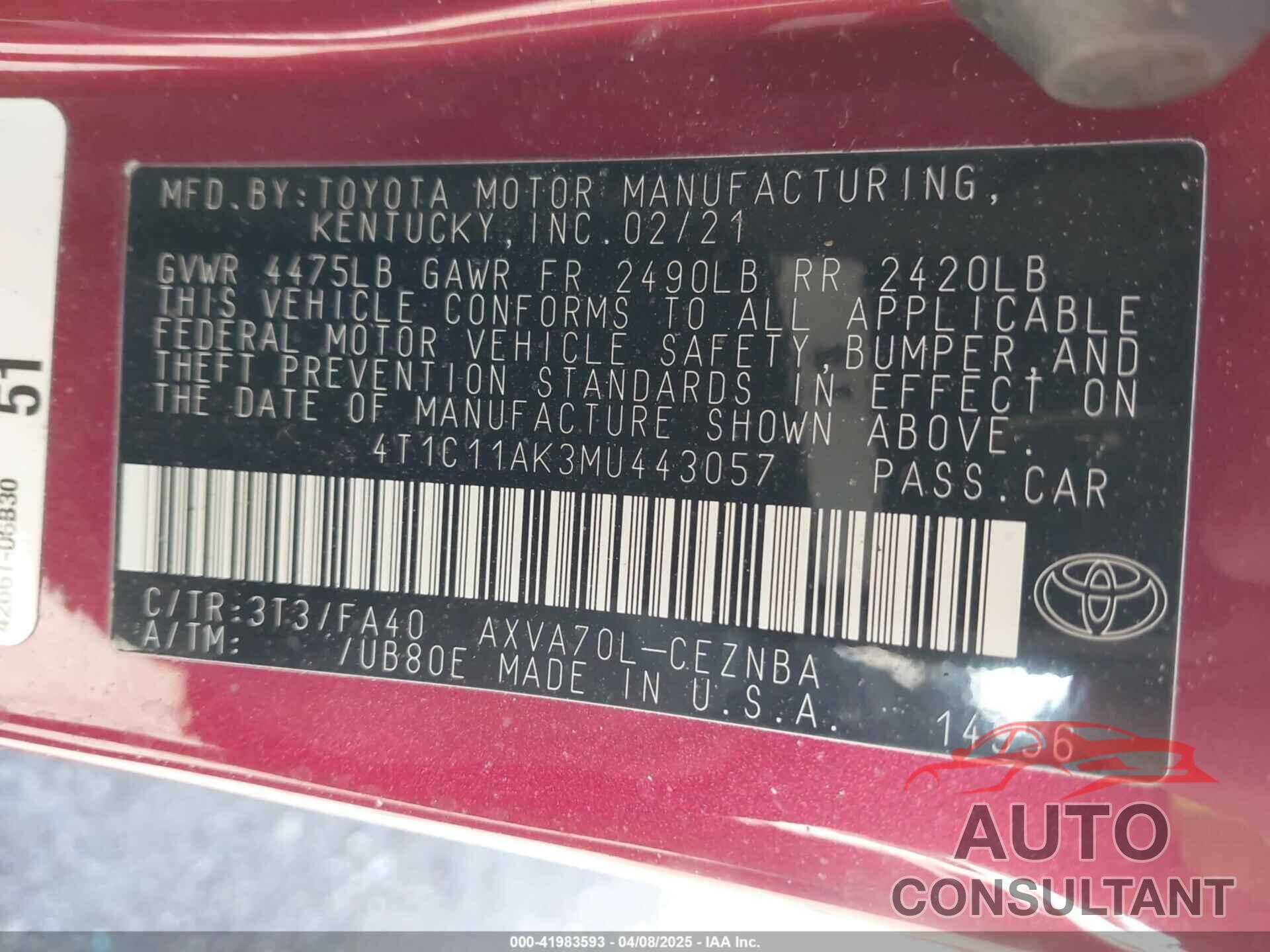 TOYOTA CAMRY 2021 - 4T1C11AK3MU443057