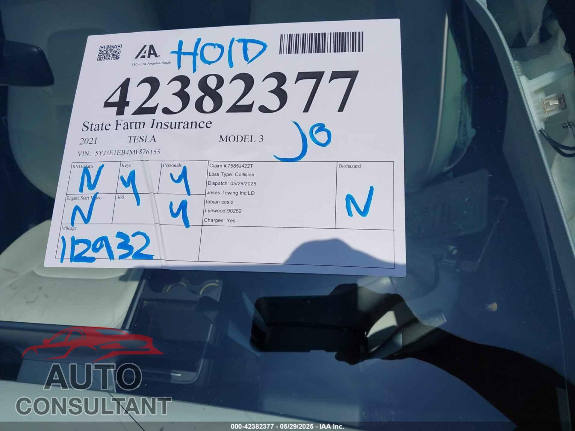 TESLA MODEL 3 2021 - 5YJ3E1EB4MF876155