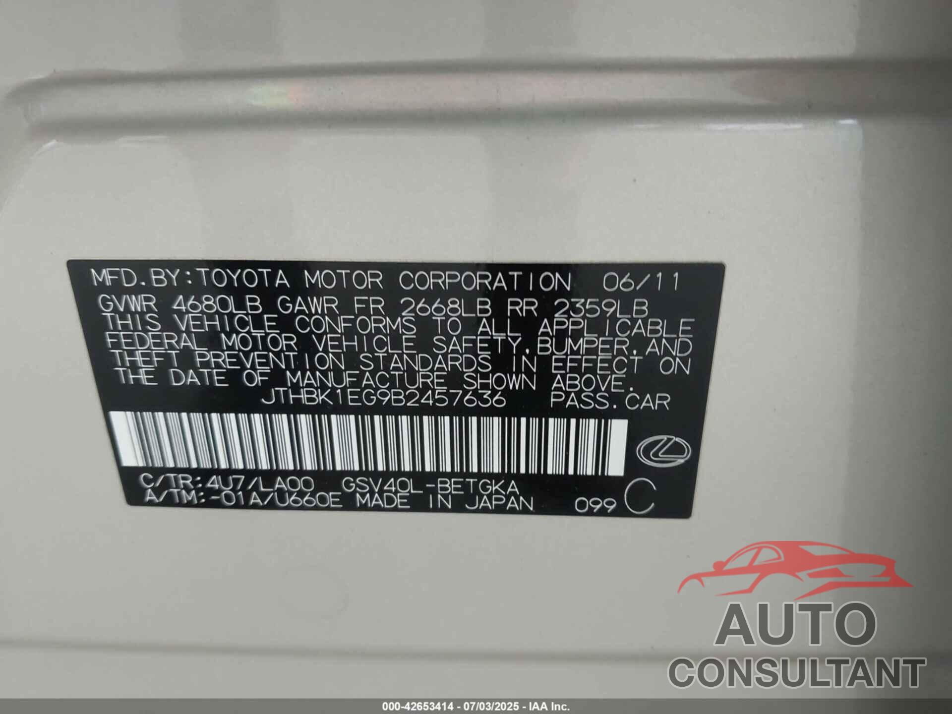 LEXUS ES 350 2011 - JTHBK1EG9B2457636