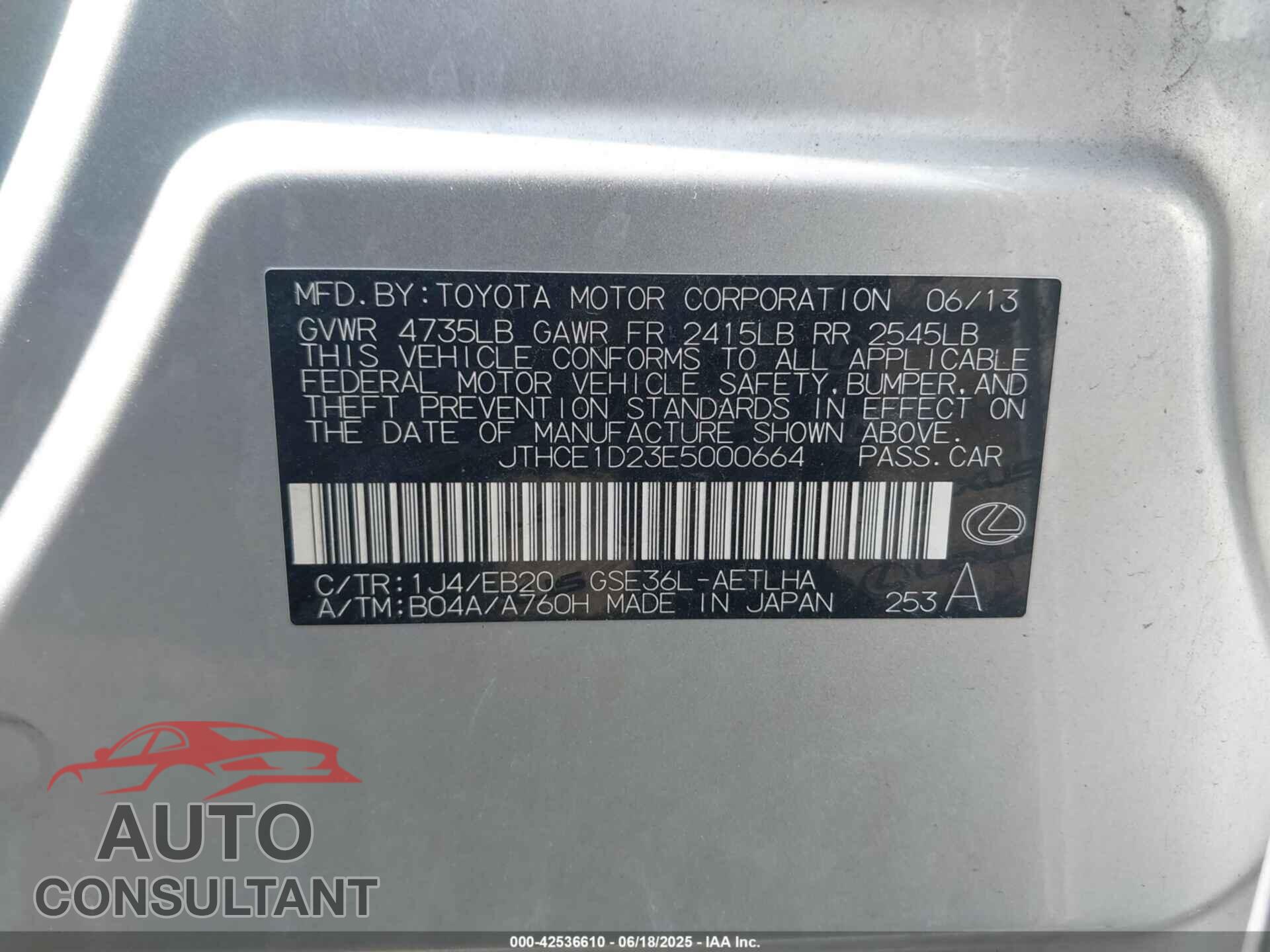 LEXUS IS 350 2014 - JTHCE1D23E5000664