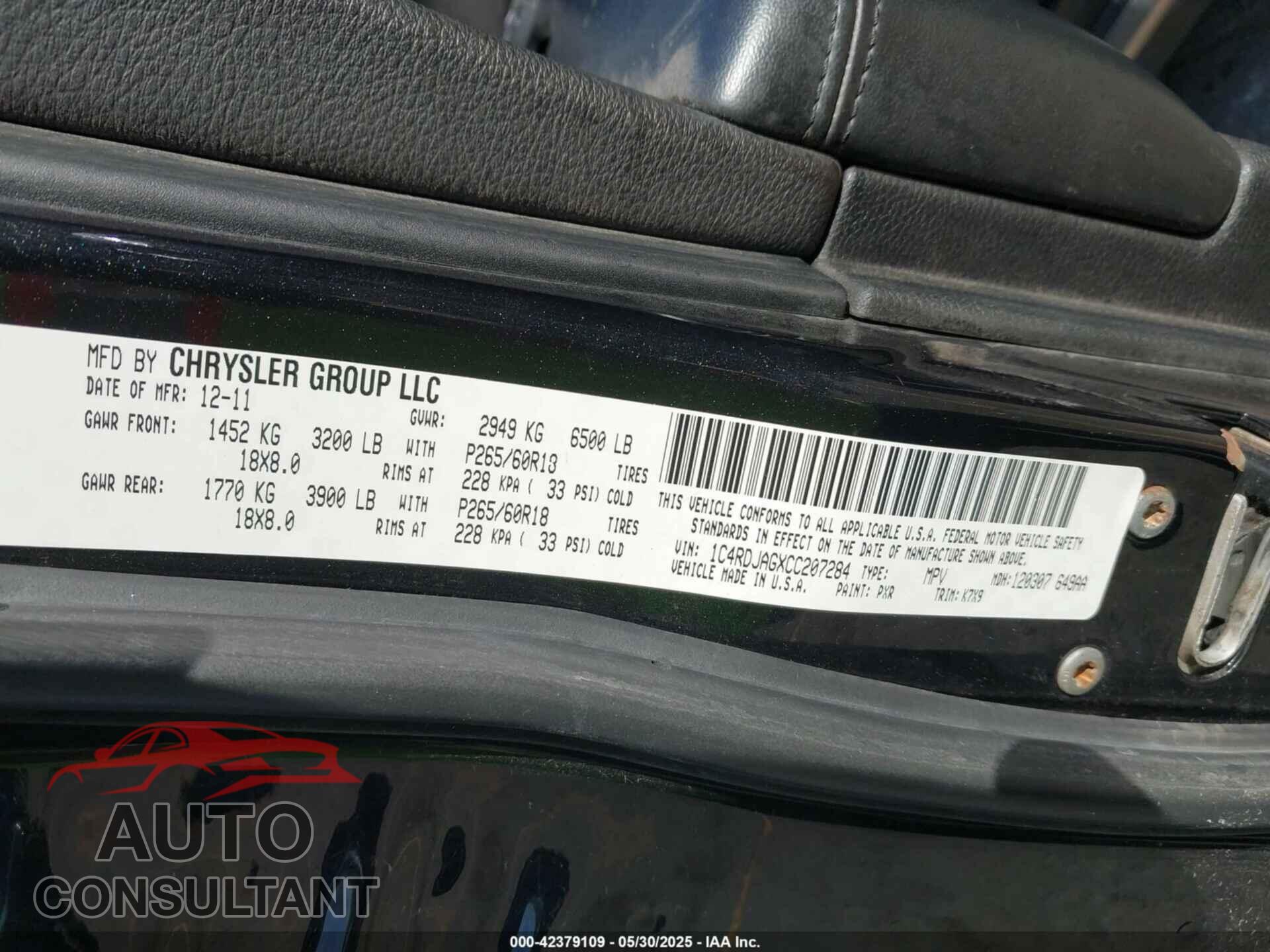 DODGE DURANGO 2012 - 1C4RDJAGXCC207284