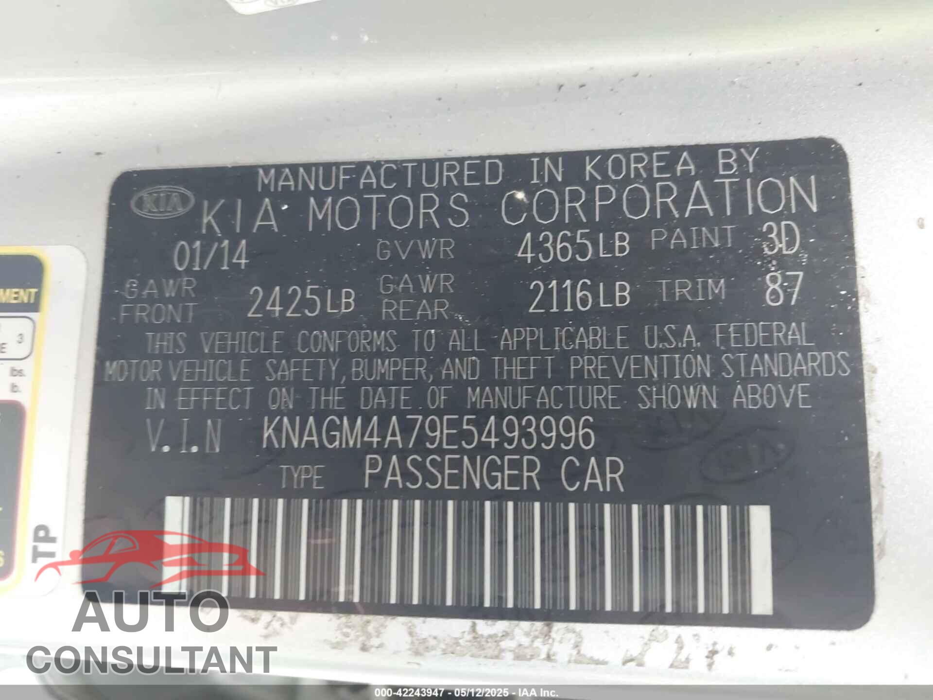 KIA OPTIMA 2014 - KNAGM4A79E5493996