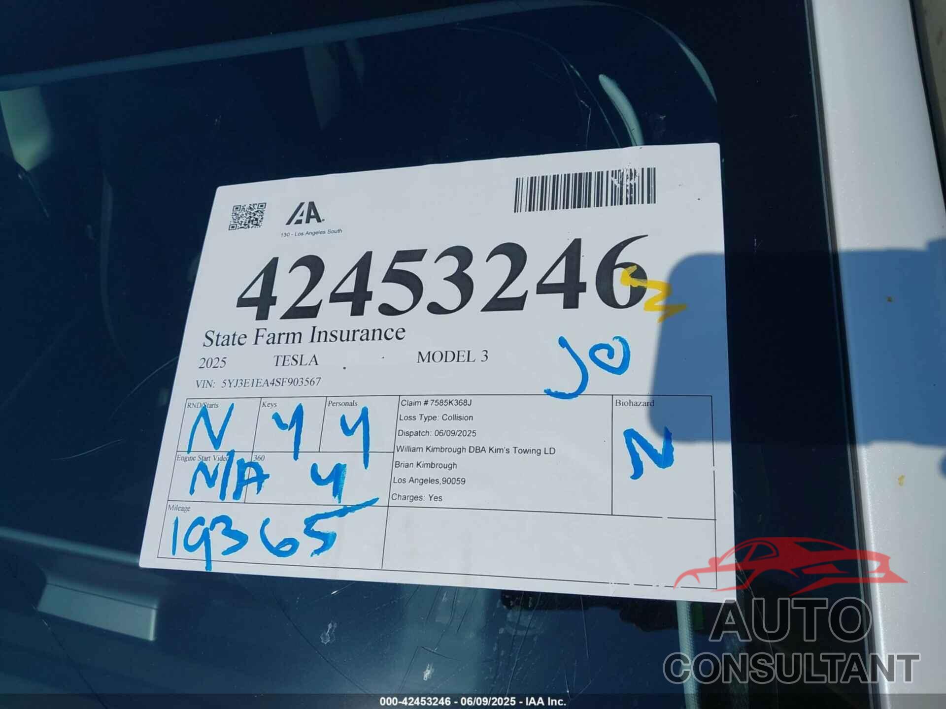 TESLA MODEL 3 2025 - 5YJ3E1EA4SF903567