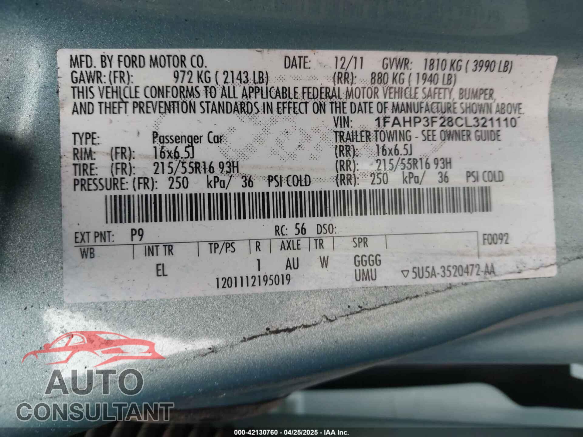 FORD FOCUS 2012 - 1FAHP3F28CL321110