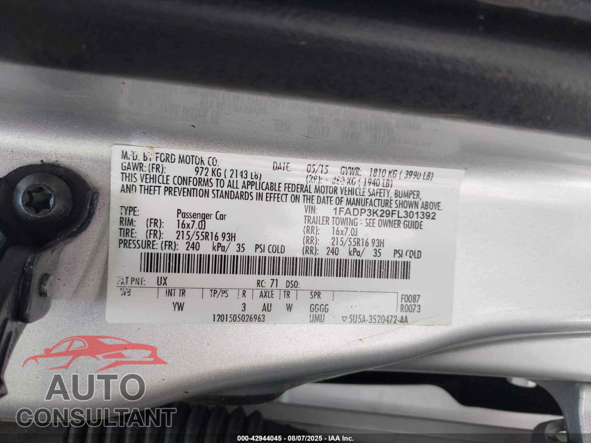 FORD FOCUS 2015 - 1FADP3K29FL301392