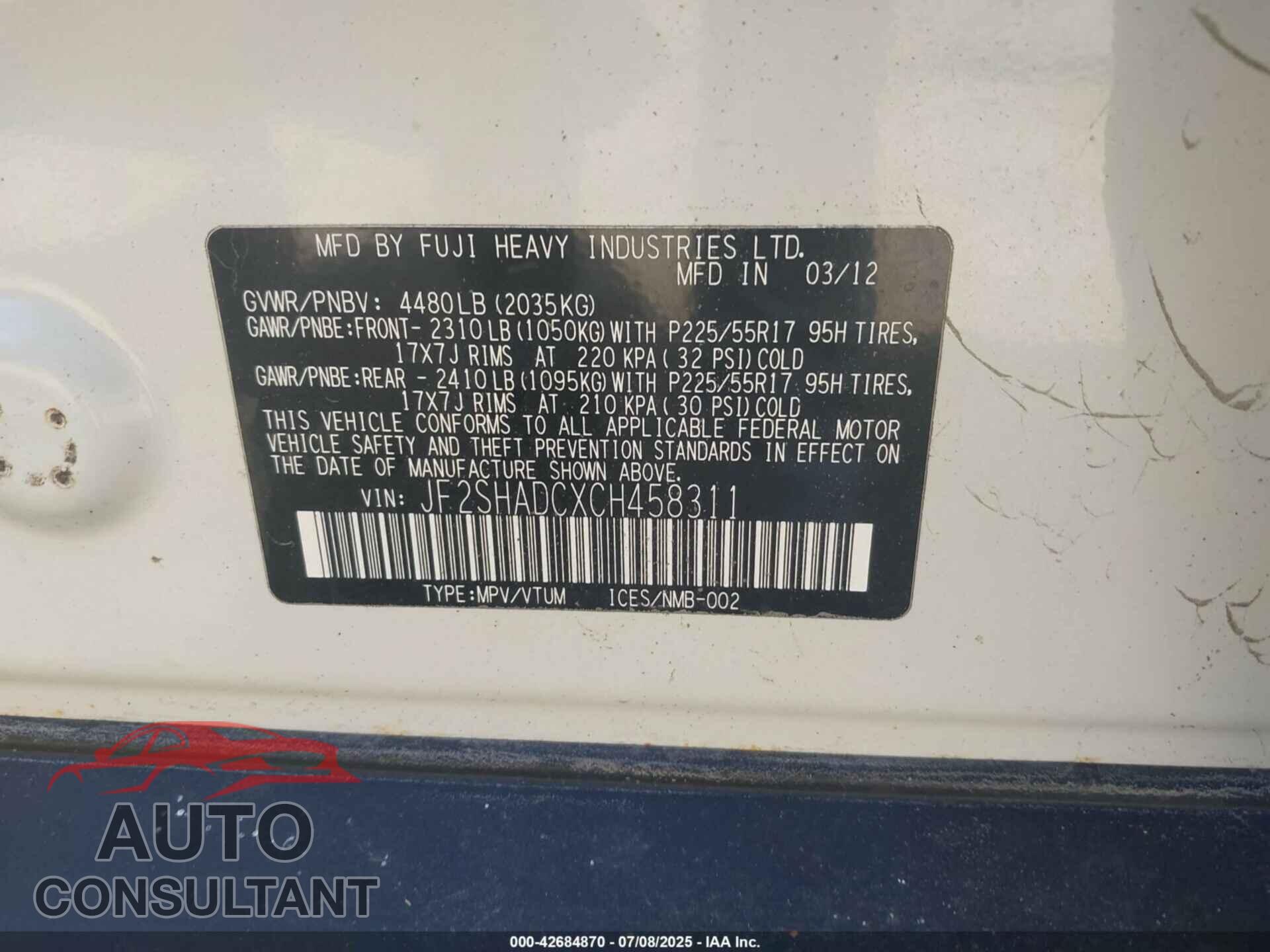 SUBARU FORESTER 2012 - JF2SHADCXCH458311