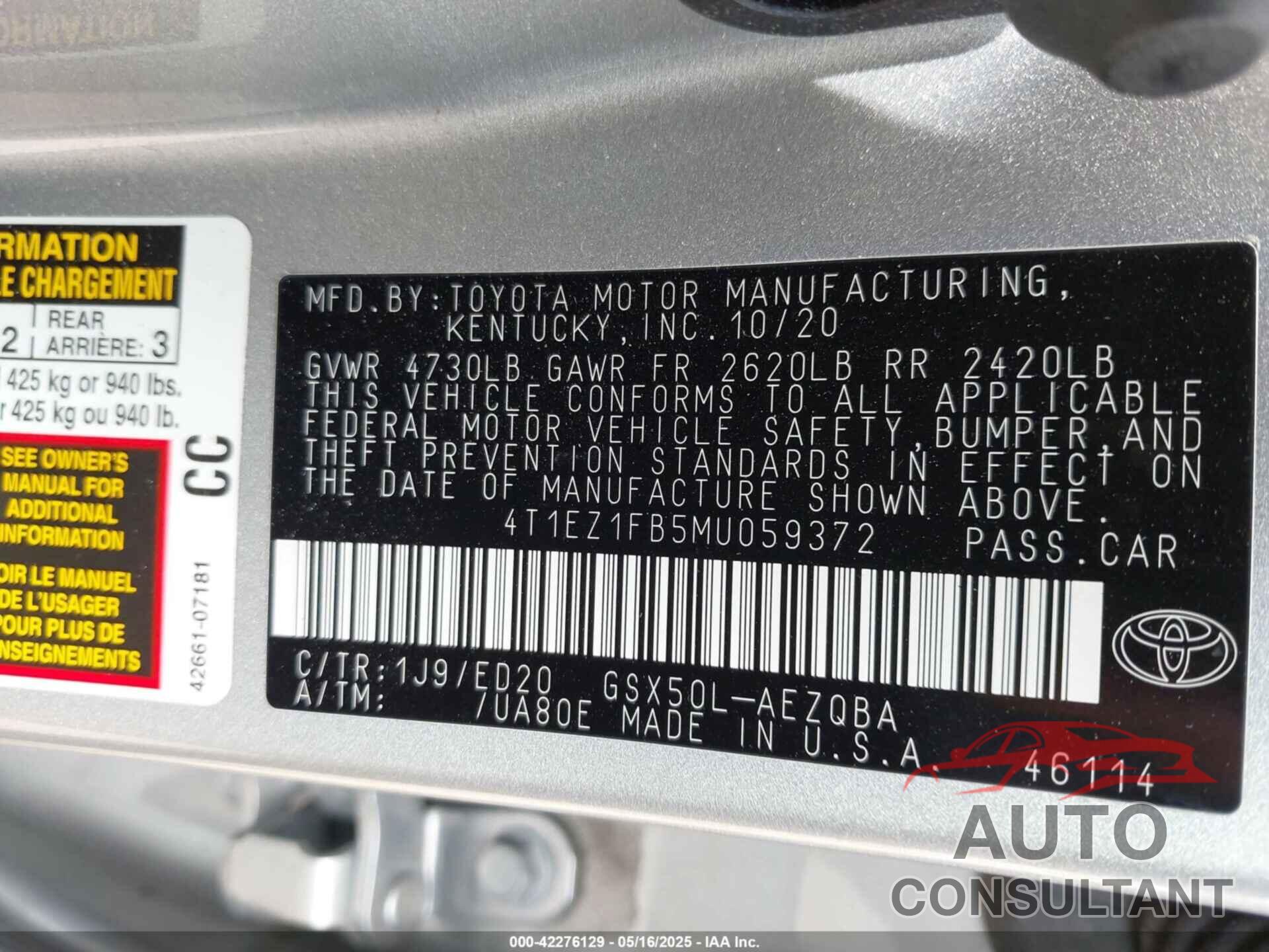 TOYOTA AVALON 2021 - 4T1EZ1FB5MU059372