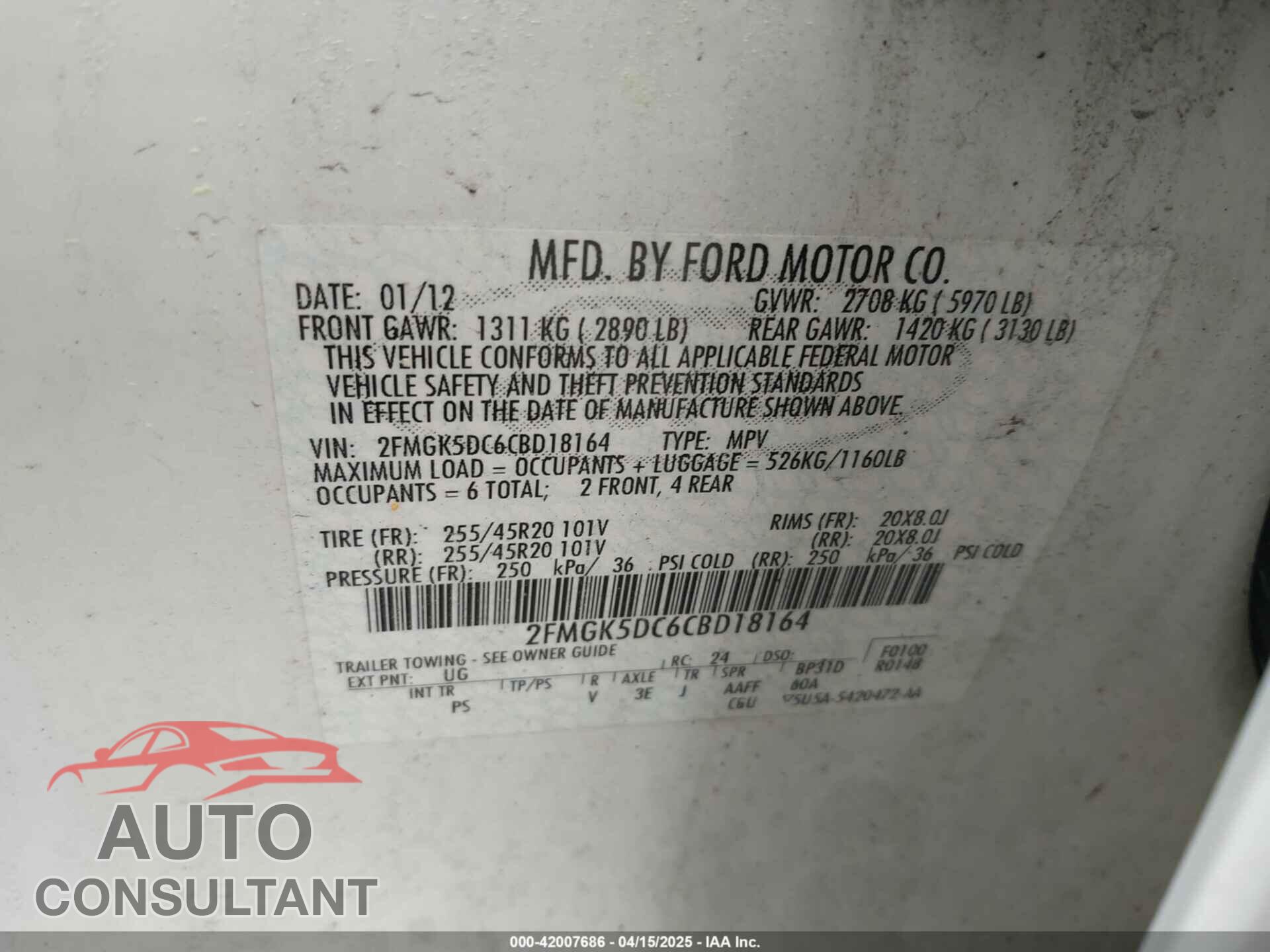 FORD FLEX 2012 - 2FMGK5DC6CBD18164