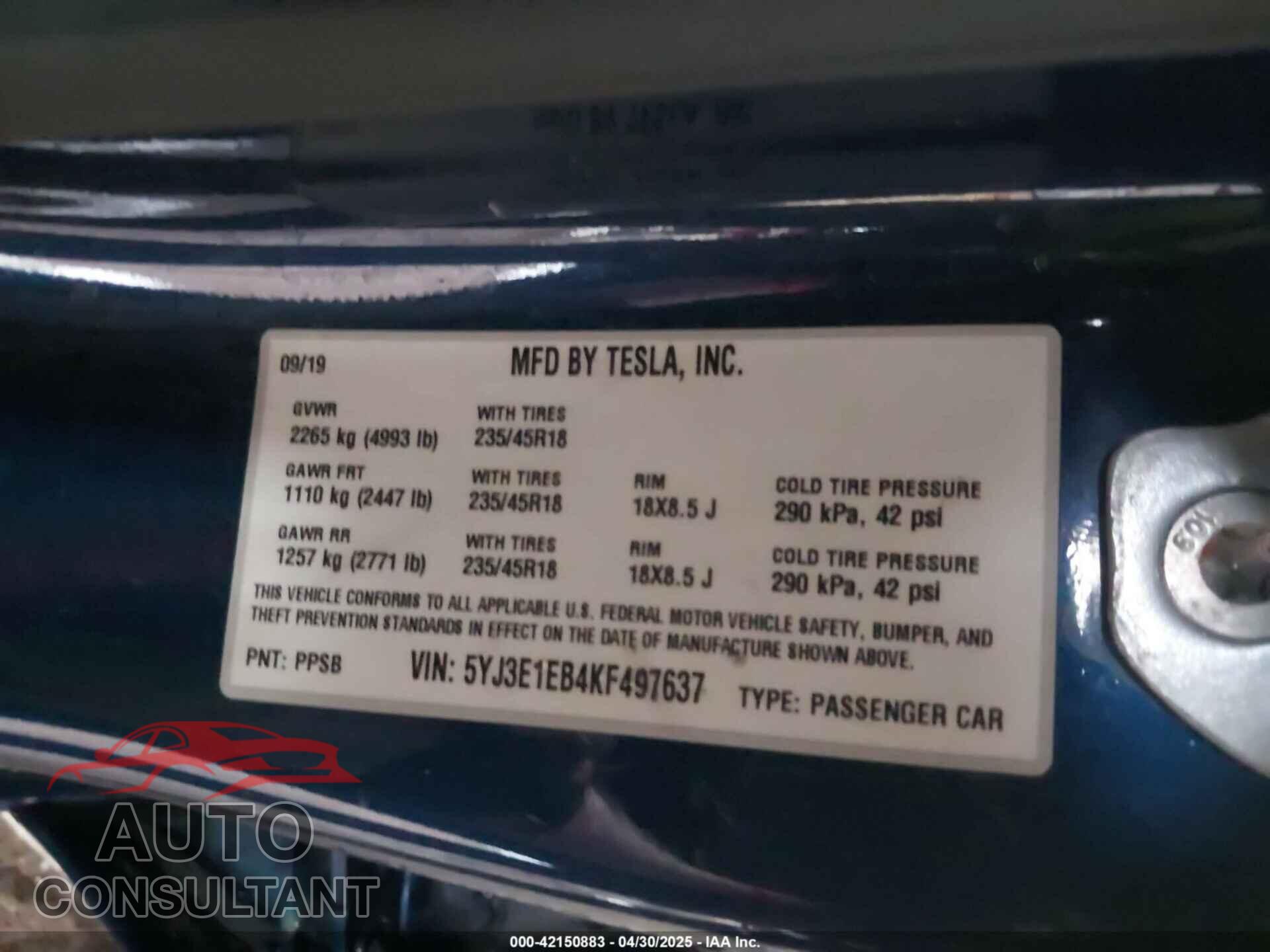 TESLA MODEL 3 2019 - 5YJ3E1EB4KF497637