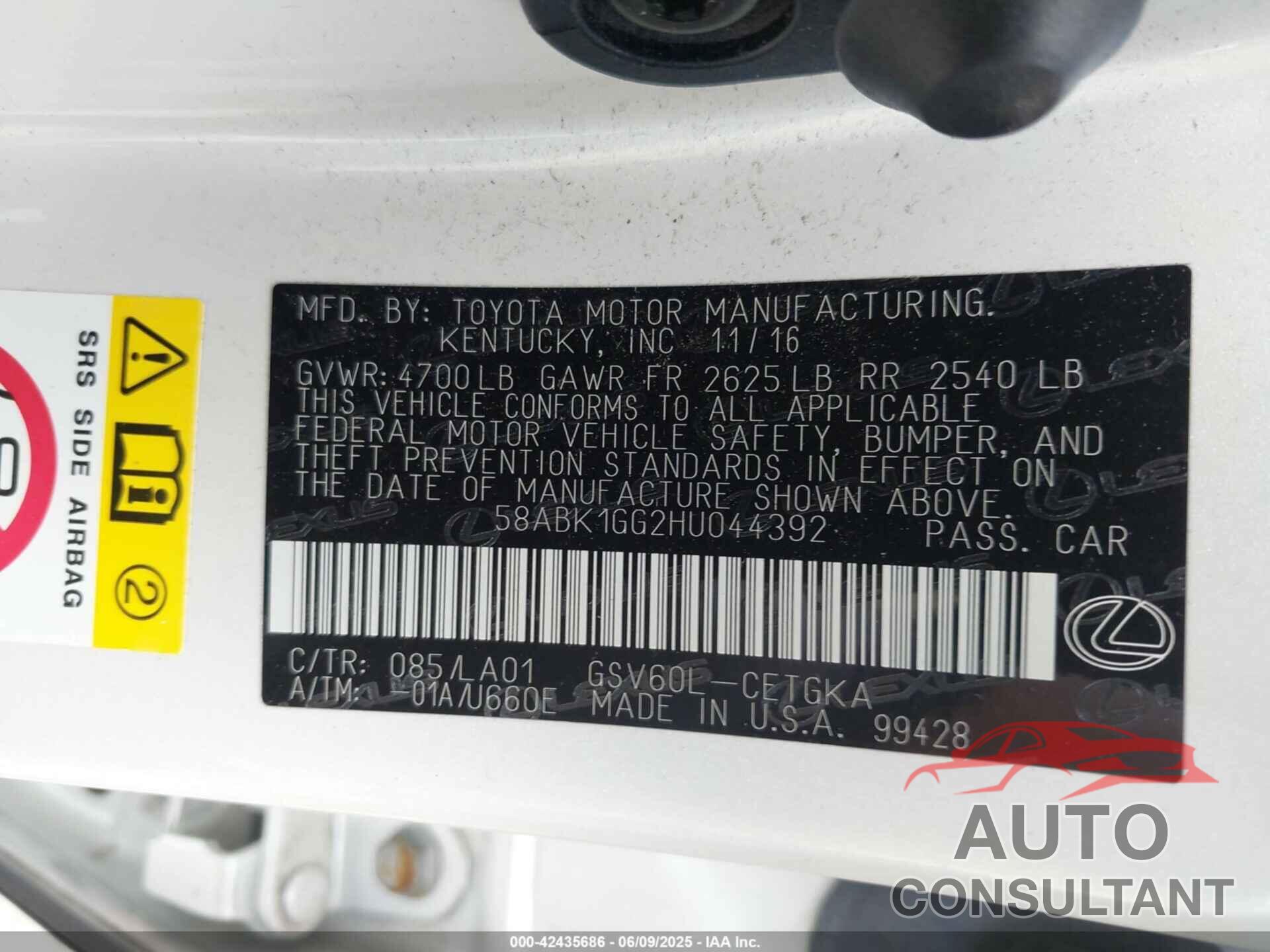 LEXUS ES 350 2017 - 58ABK1GG2HU044392
