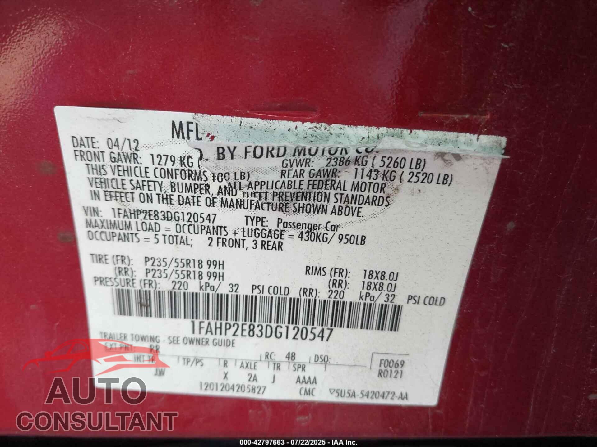 FORD TAURUS 2013 - 1FAHP2E83DG120547