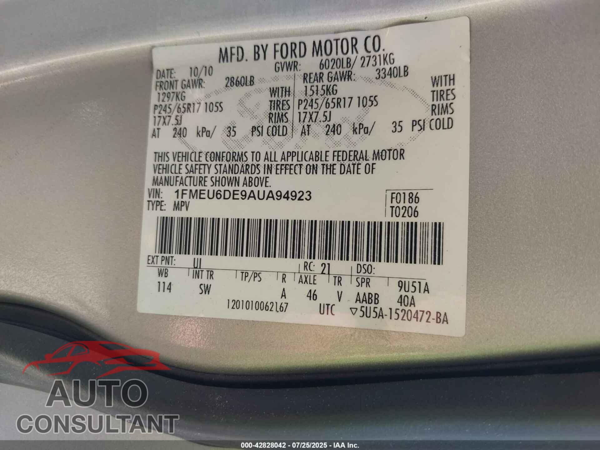 FORD EXPLORER 2010 - 1FMEU6DE9AUA94923