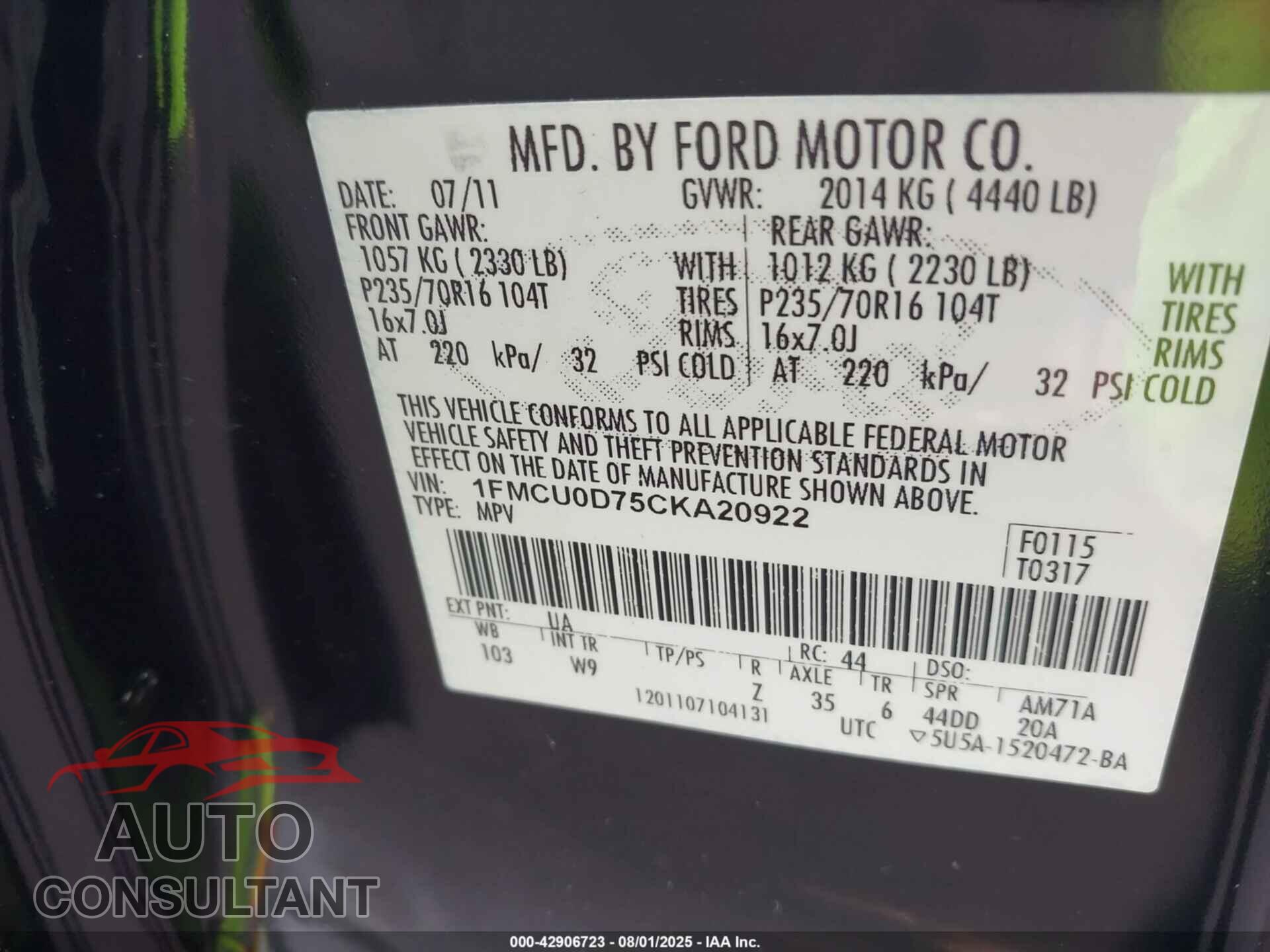 FORD ESCAPE 2012 - 1FMCU0D75CKA20922