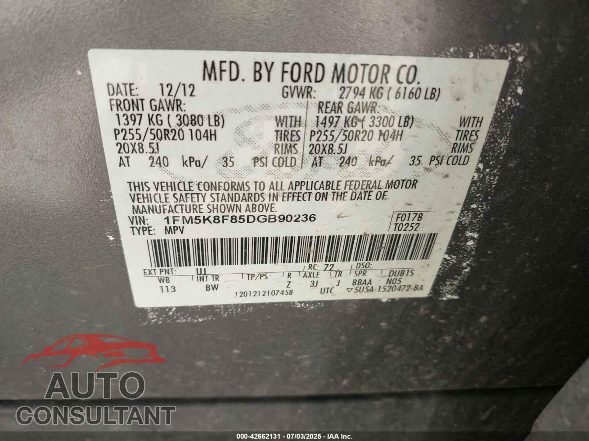 FORD EXPLORER 2013 - 1FM5K8F85DGB90236