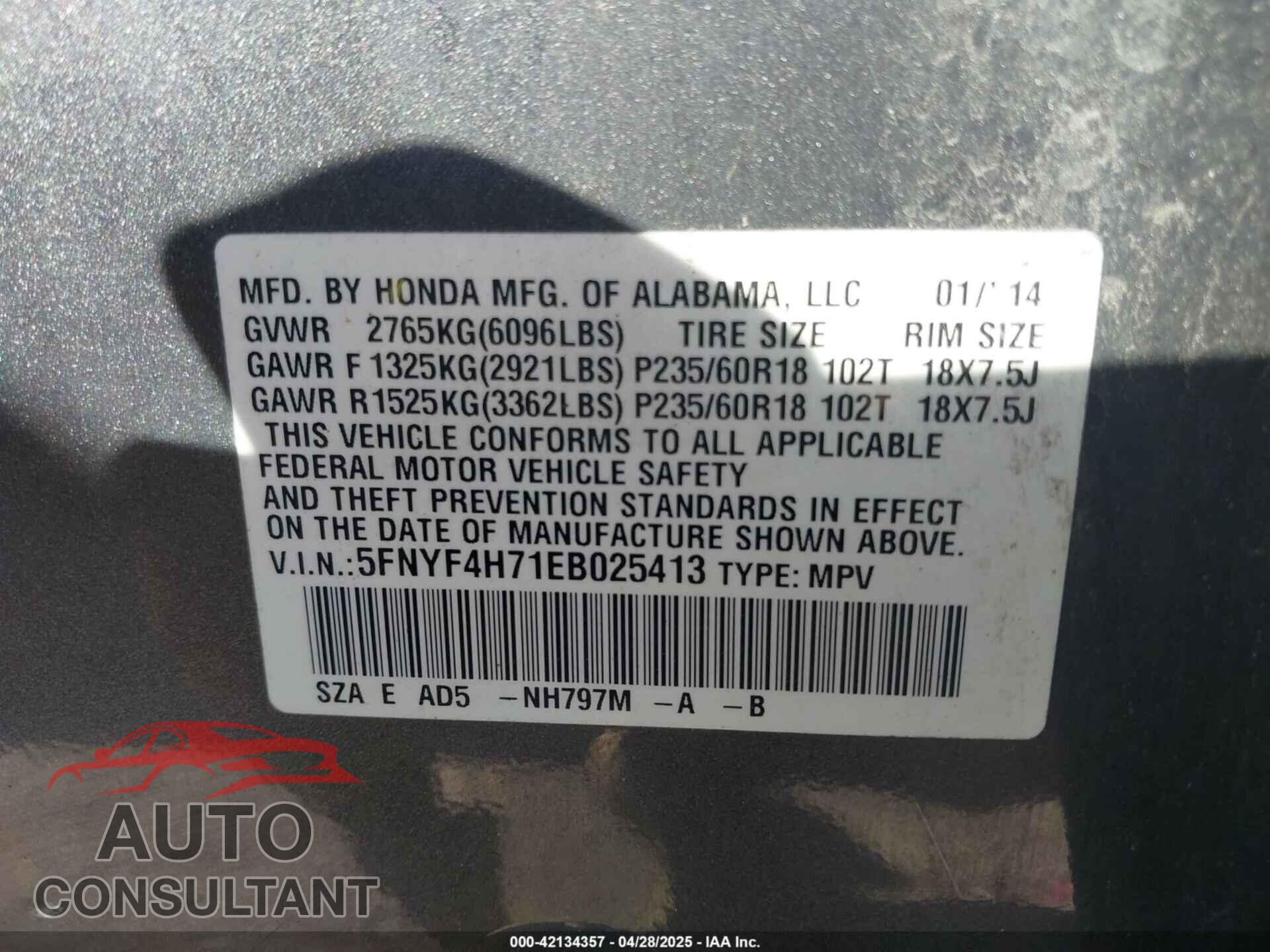 HONDA PILOT 2014 - 5FNYF4H71EB025413