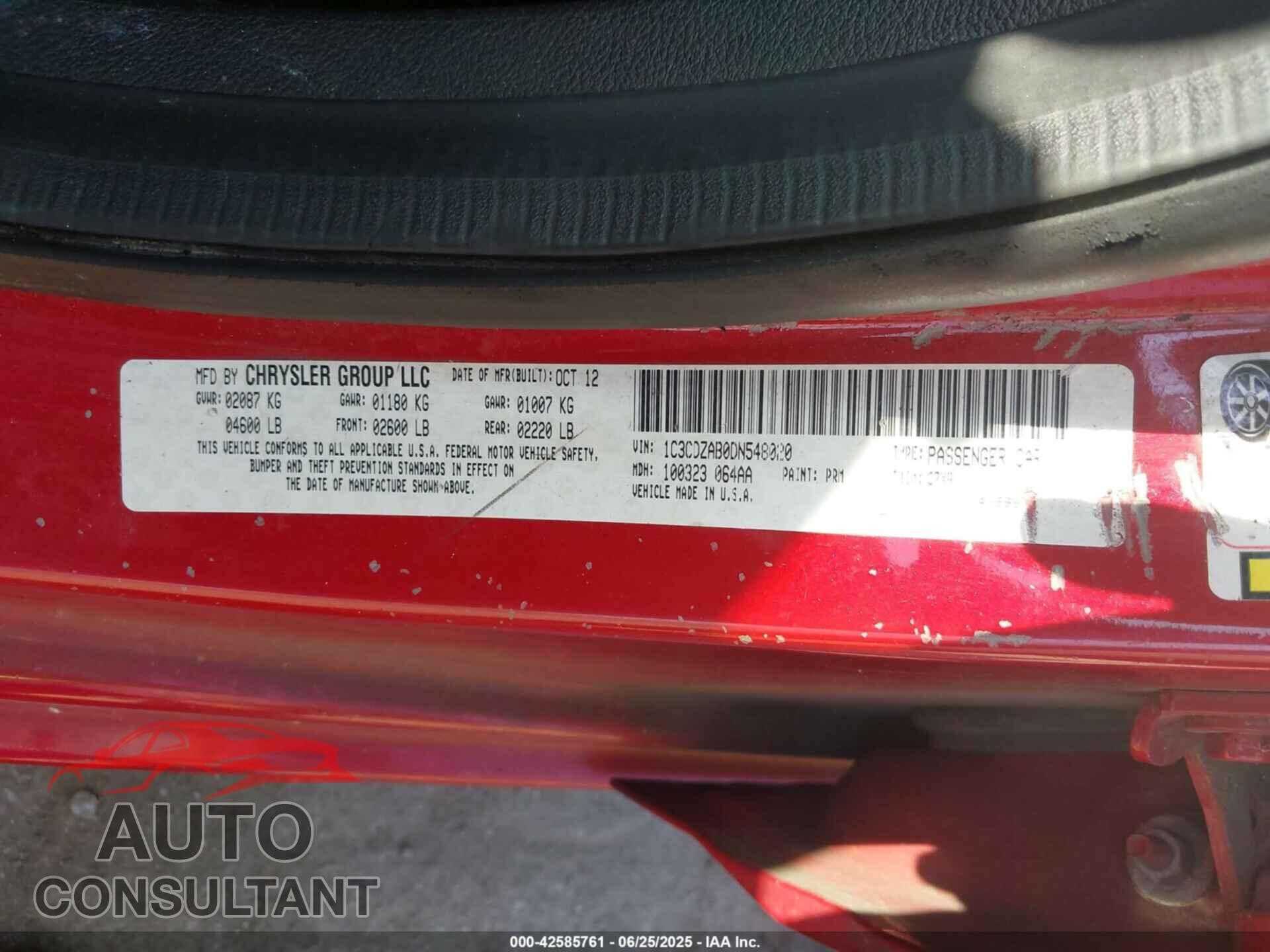 DODGE AVENGER 2013 - 1C3CDZAB0DN548020