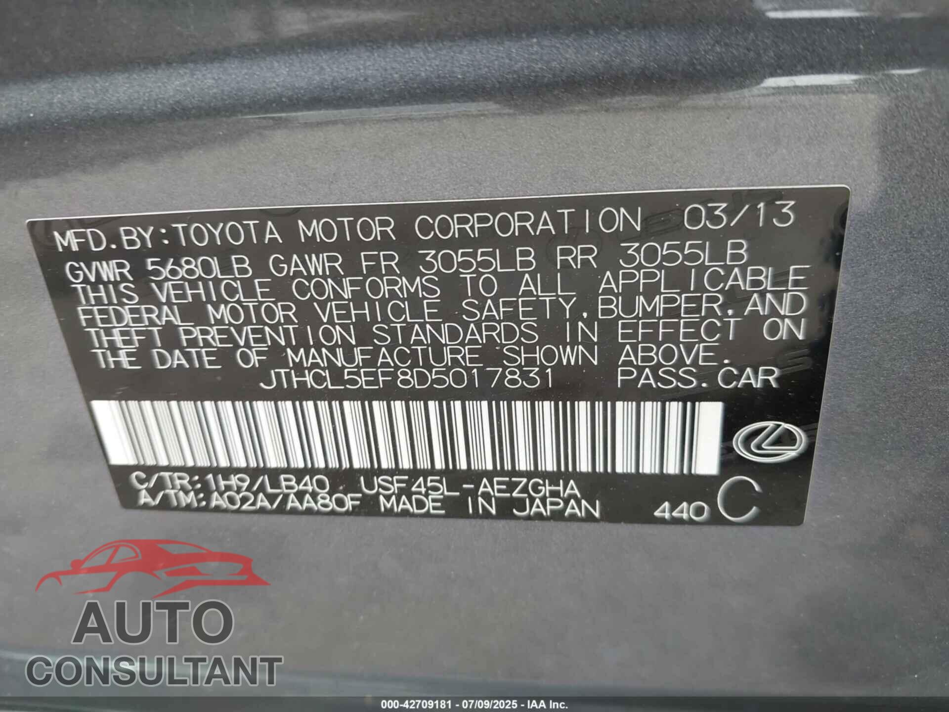 LEXUS LS 460 2013 - JTHCL5EF8D5017831
