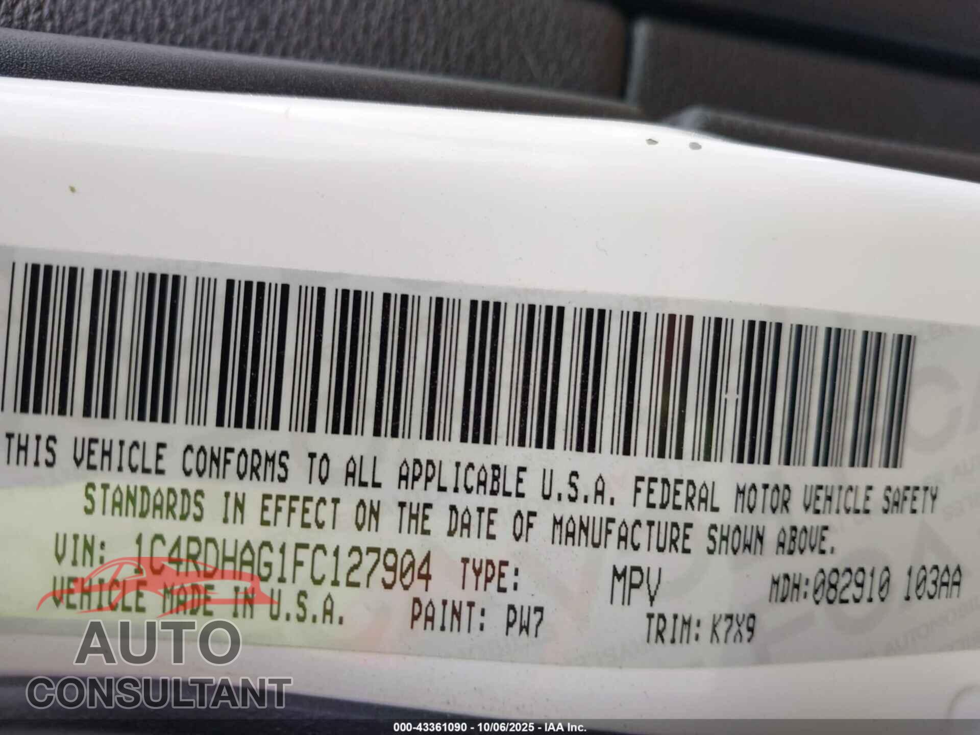 DODGE DURANGO 2015 - 1C4RDHAG1FC127904