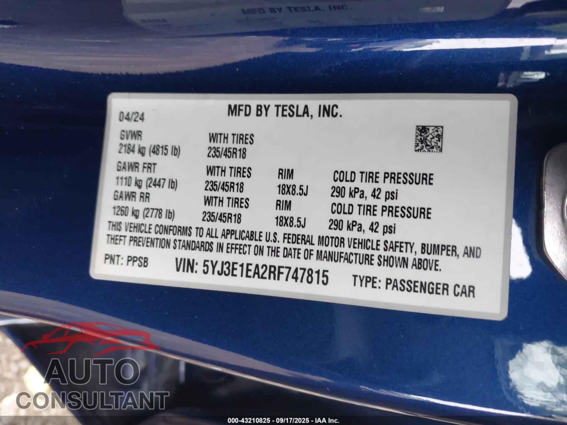 TESLA MODEL 3 2024 - 5YJ3E1EA2RF747815