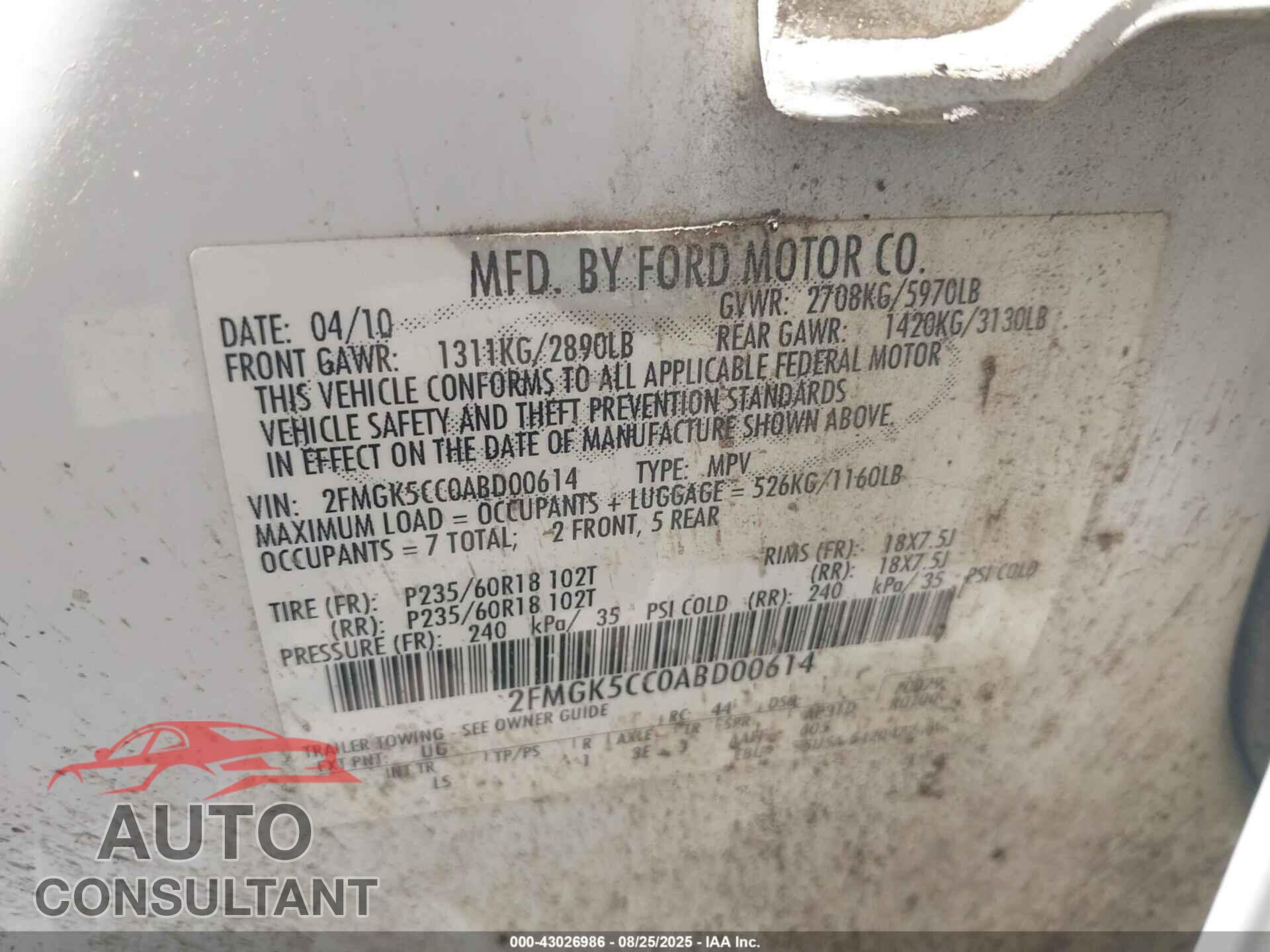 FORD FLEX 2010 - 2FMGK5CC0ABD00614
