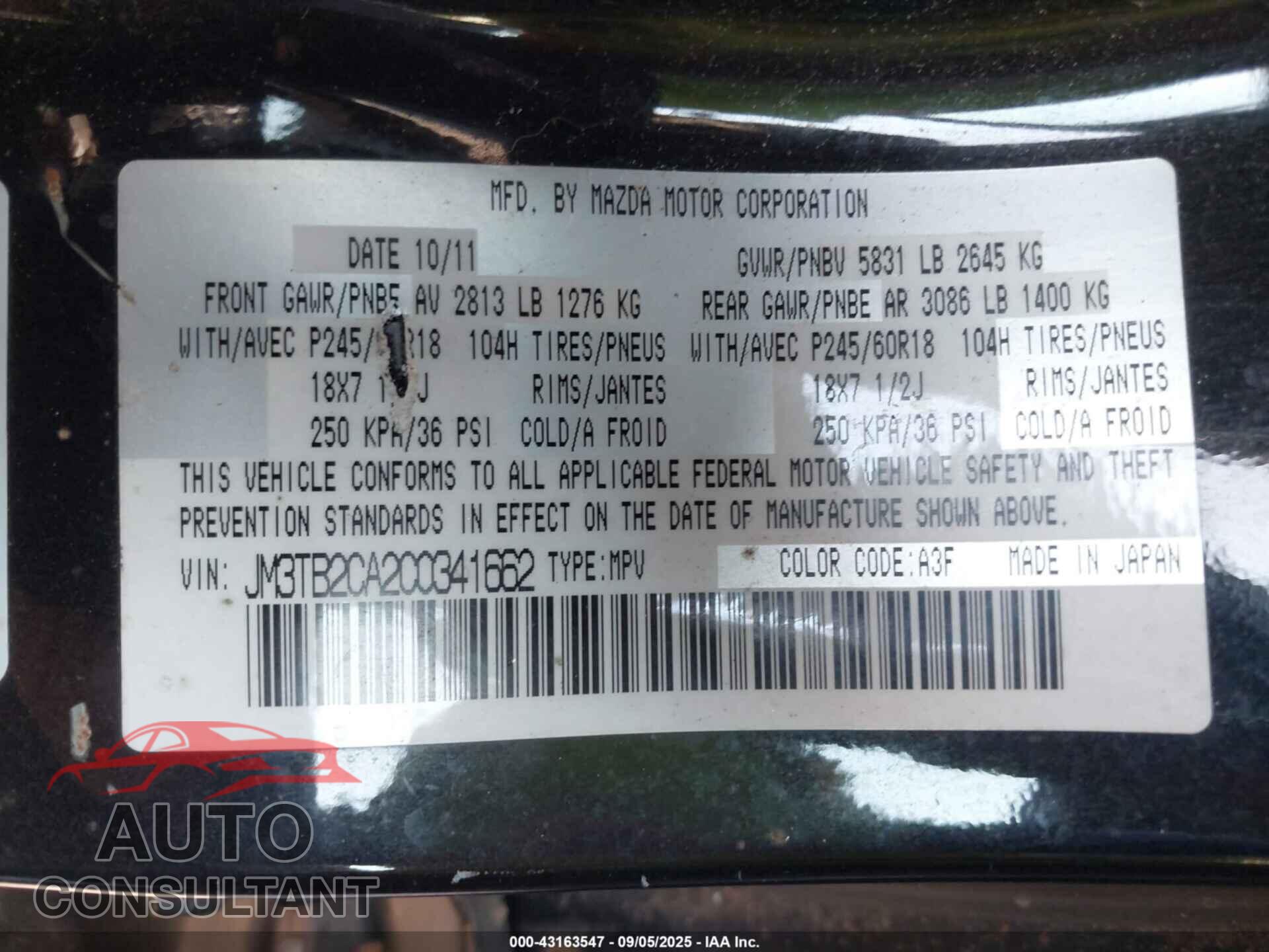 MAZDA CX-9 2012 - JM3TB2CA2C0341662