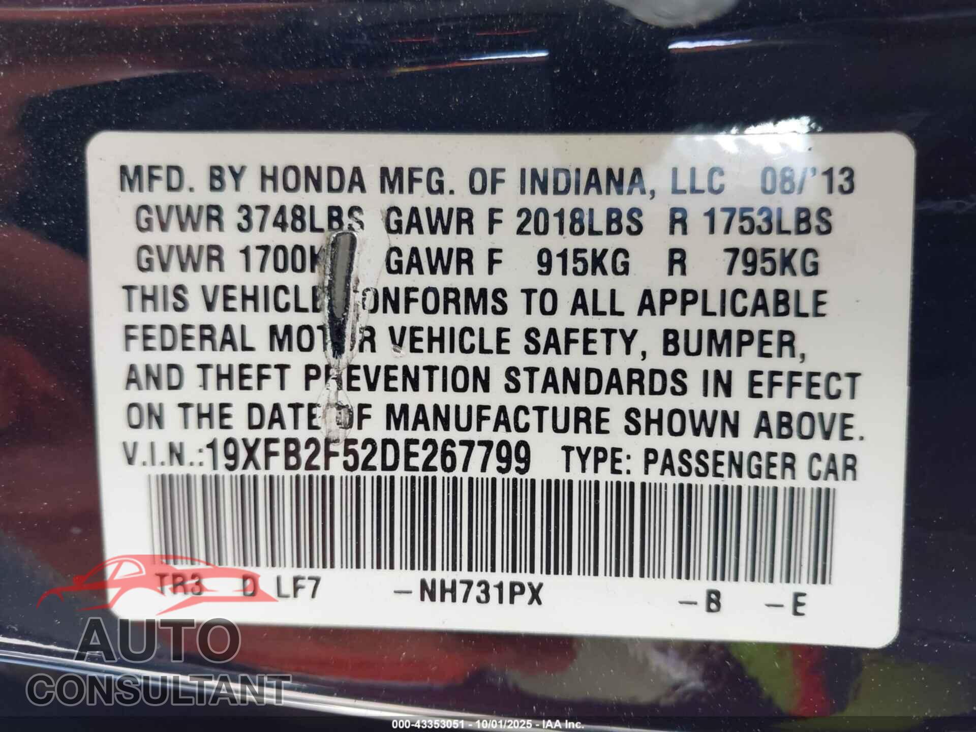 HONDA CIVIC 2013 - 19XFB2F52DE267799