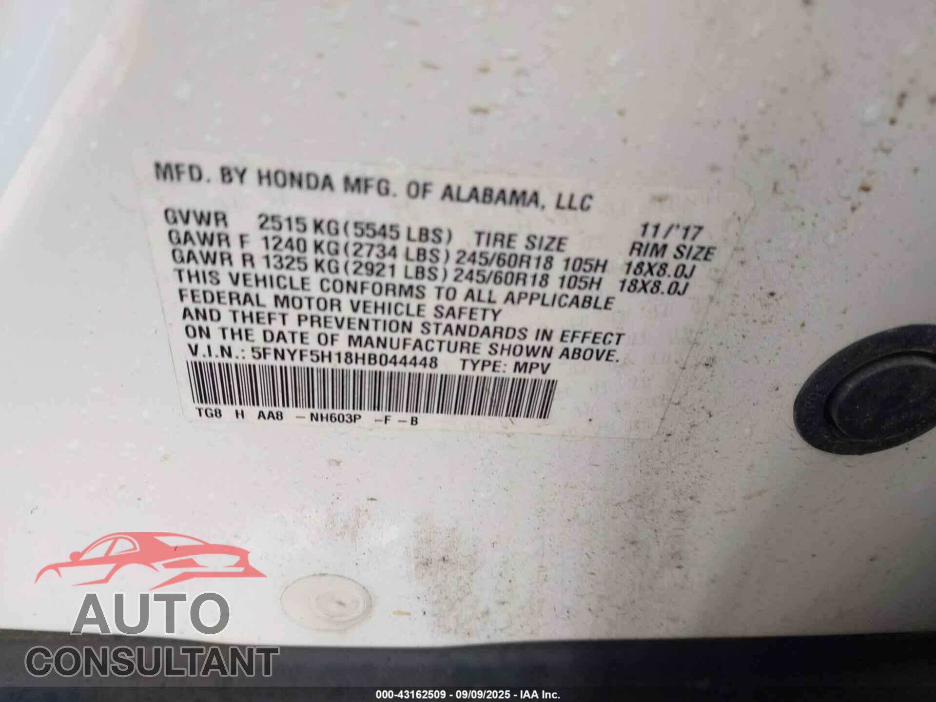 HONDA PILOT 2017 - 5FNYF5H18HB044448