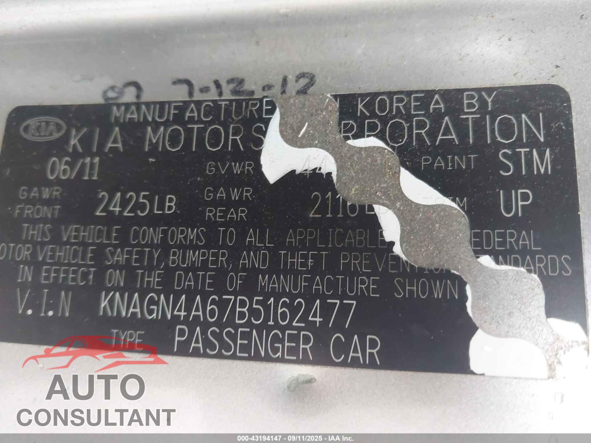 KIA OPTIMA 2011 - KNAGN4A67B5162477
