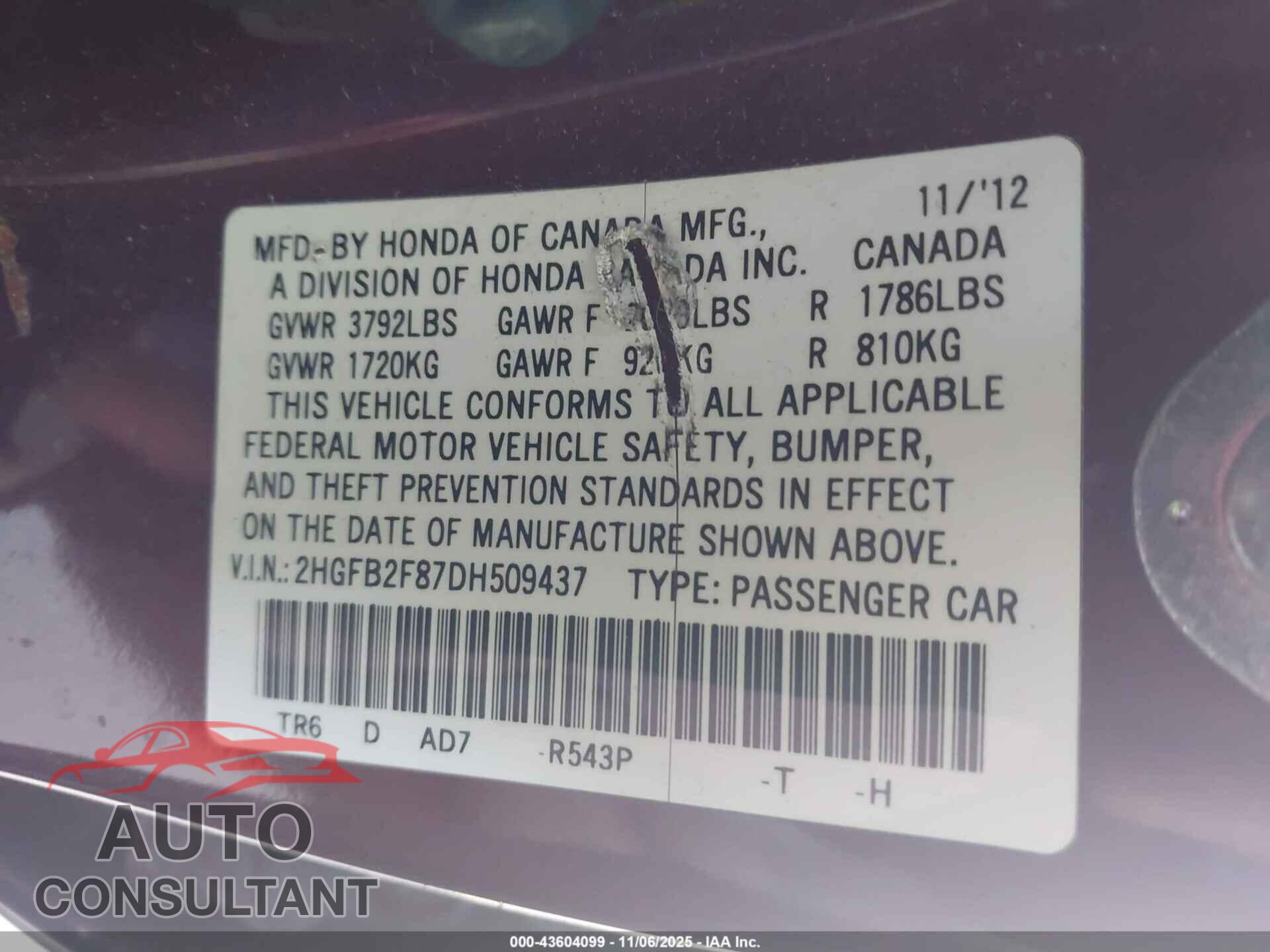 HONDA CIVIC 2013 - 2HGFB2F87DH509437