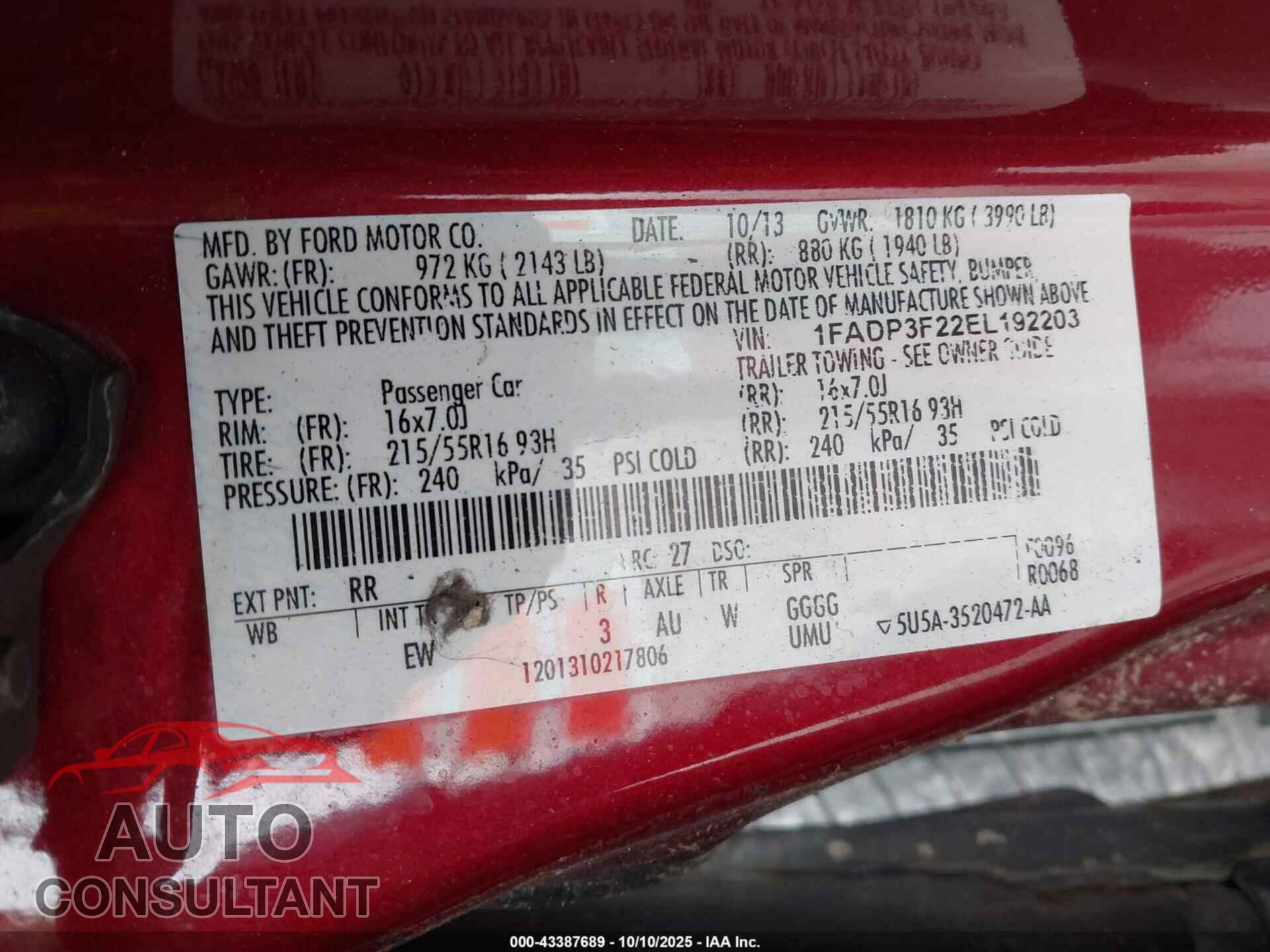 FORD FOCUS 2014 - 1FADP3F22EL192203