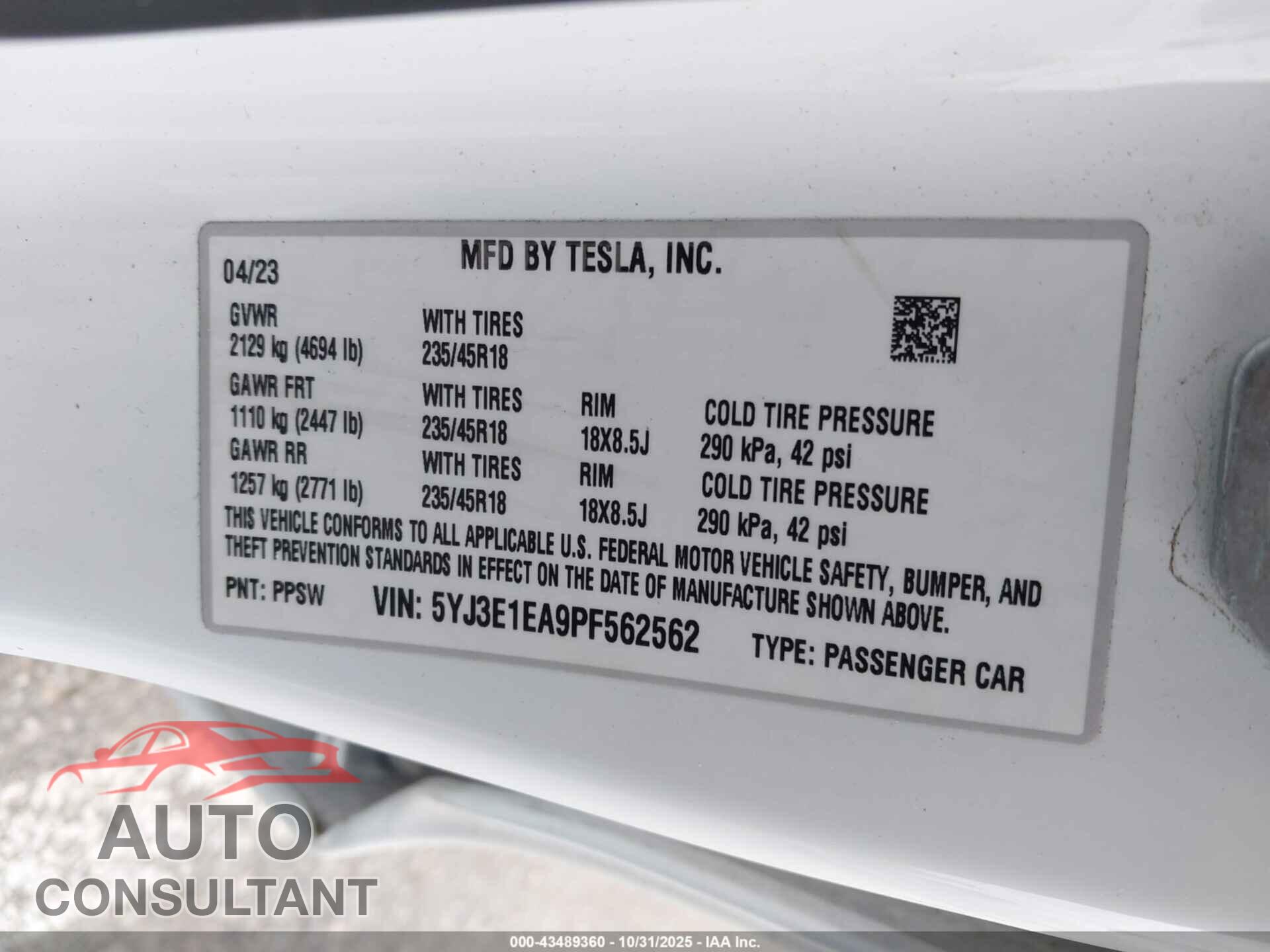TESLA MODEL 3 2023 - 5YJ3E1EA9PF562562