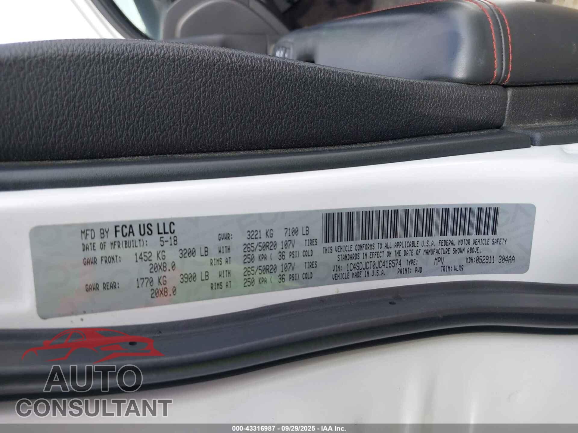 DODGE DURANGO 2018 - 1C4SDJCT0JC416574