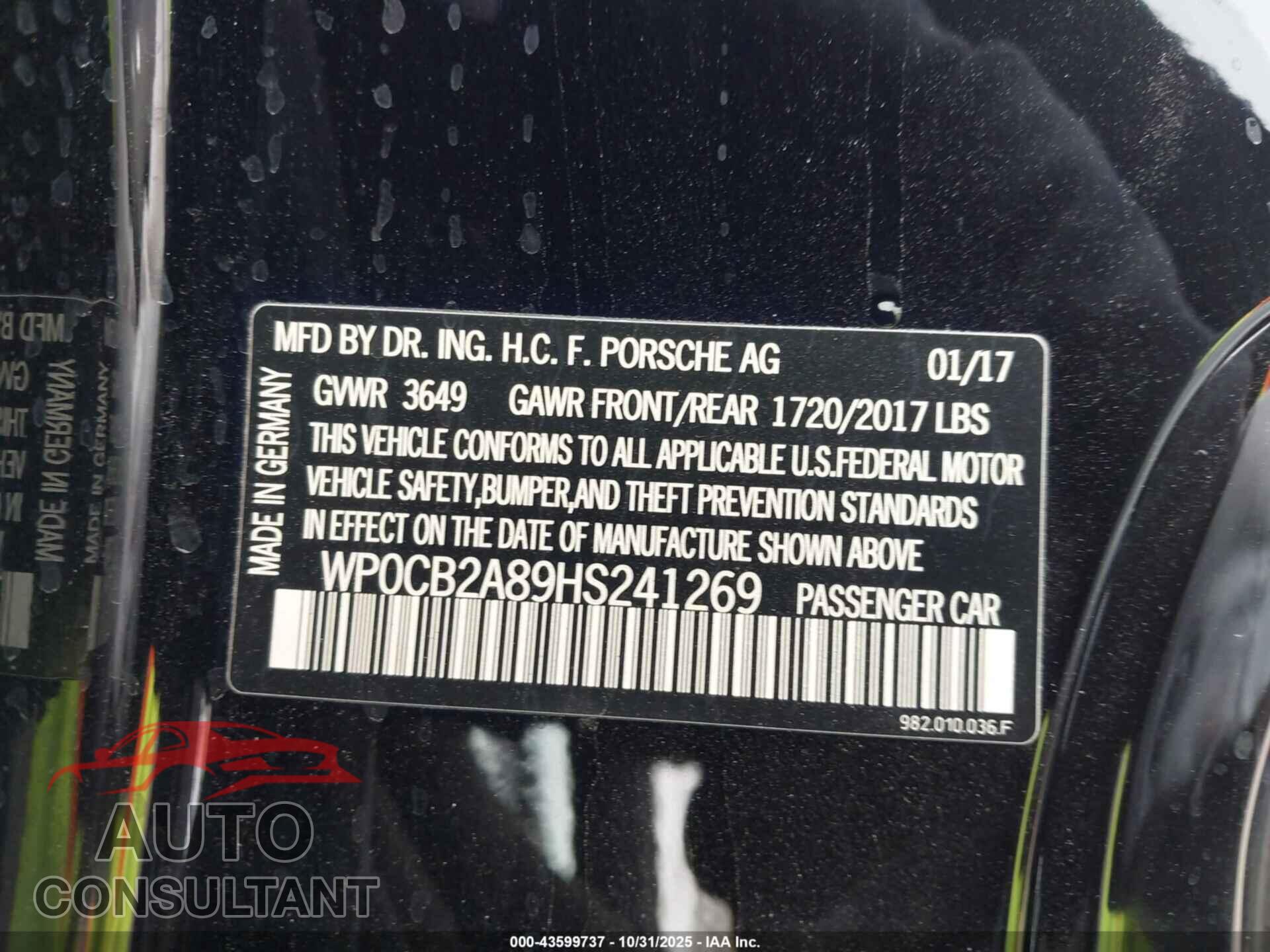 PORSCHE 718 BOXSTER 2017 - WP0CB2A89HS241269