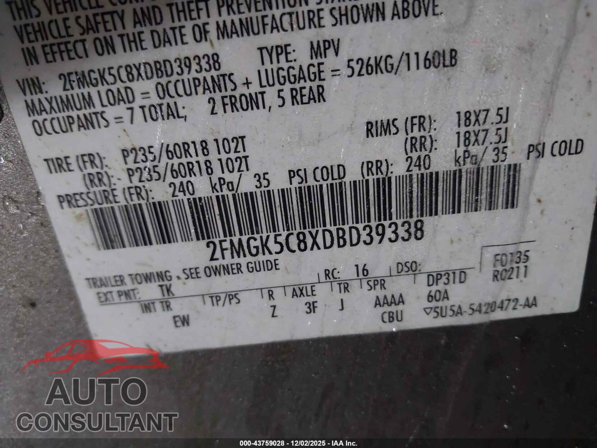 FORD FLEX 2013 - 2FMGK5C8XDBD39338
