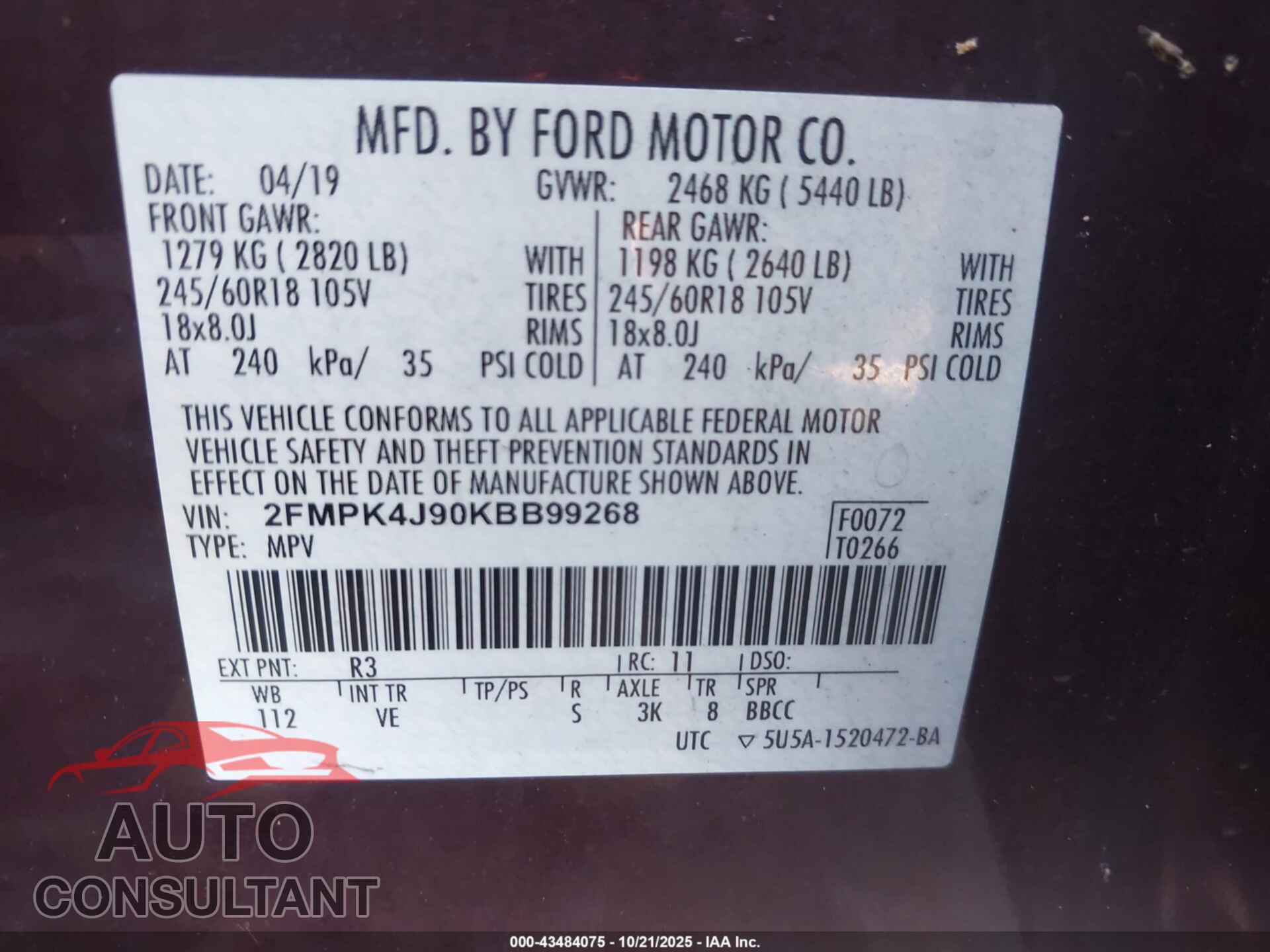 FORD EDGE 2019 - 2FMPK4J90KBB99268