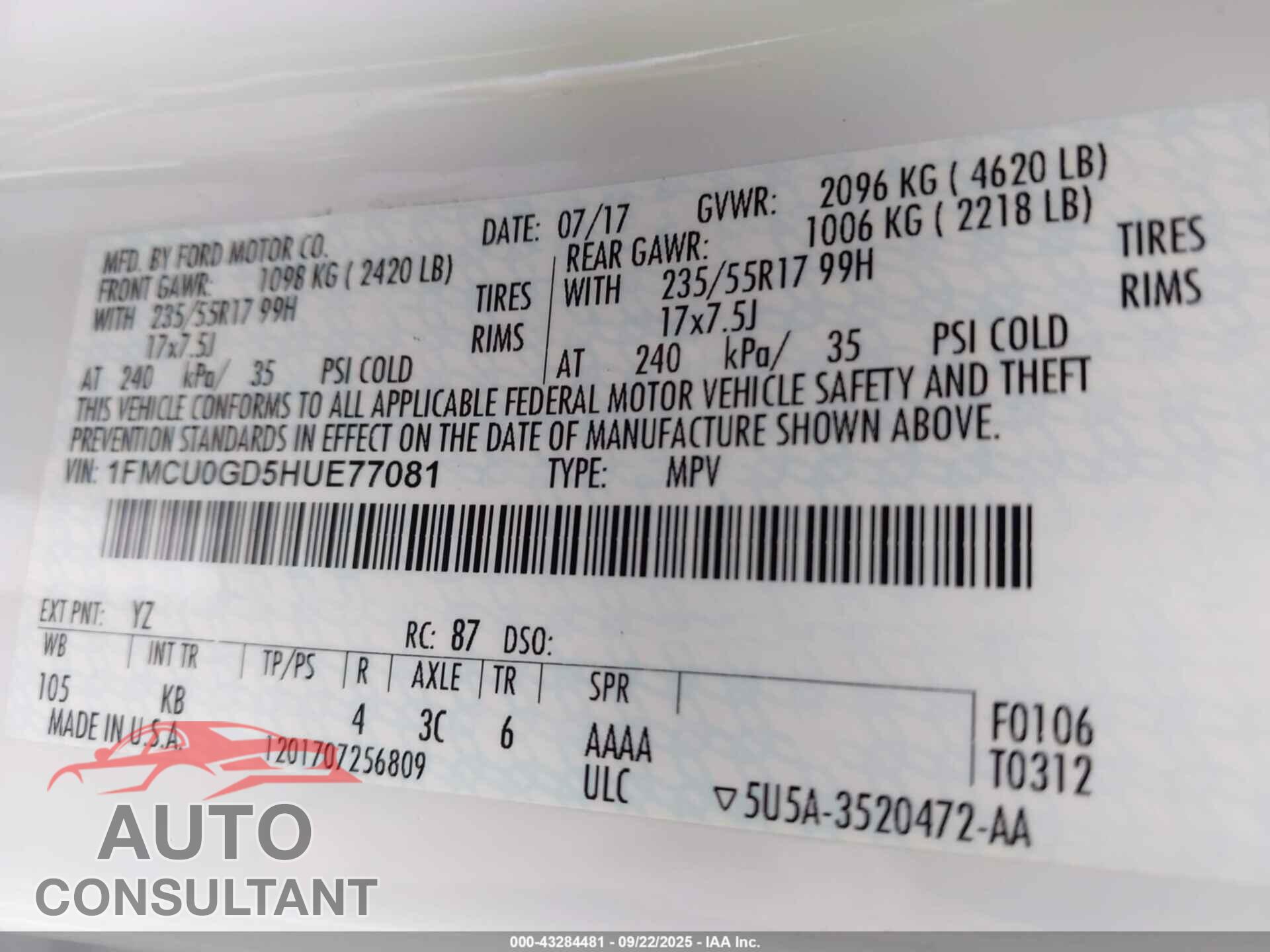 FORD ESCAPE 2017 - 1FMCU0GD5HUE77081