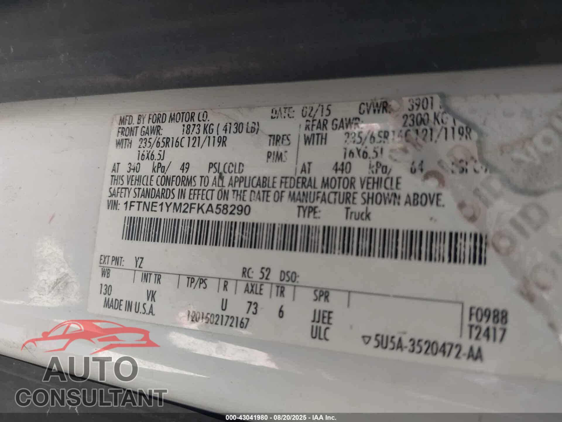FORD TRANSIT-150 2015 - 1FTNE1YM2FKA58290