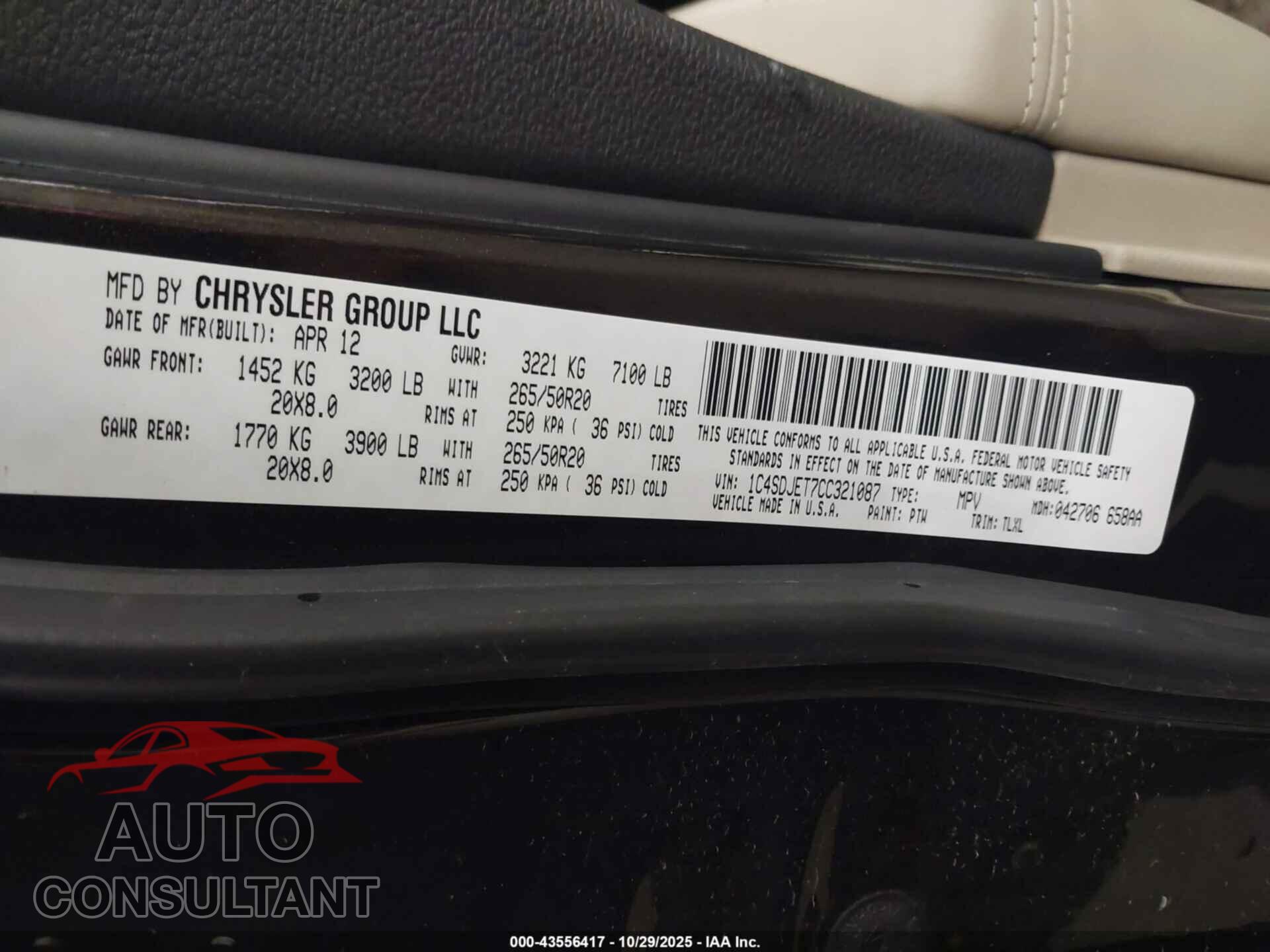 DODGE DURANGO 2012 - 1C4SDJET7CC321087