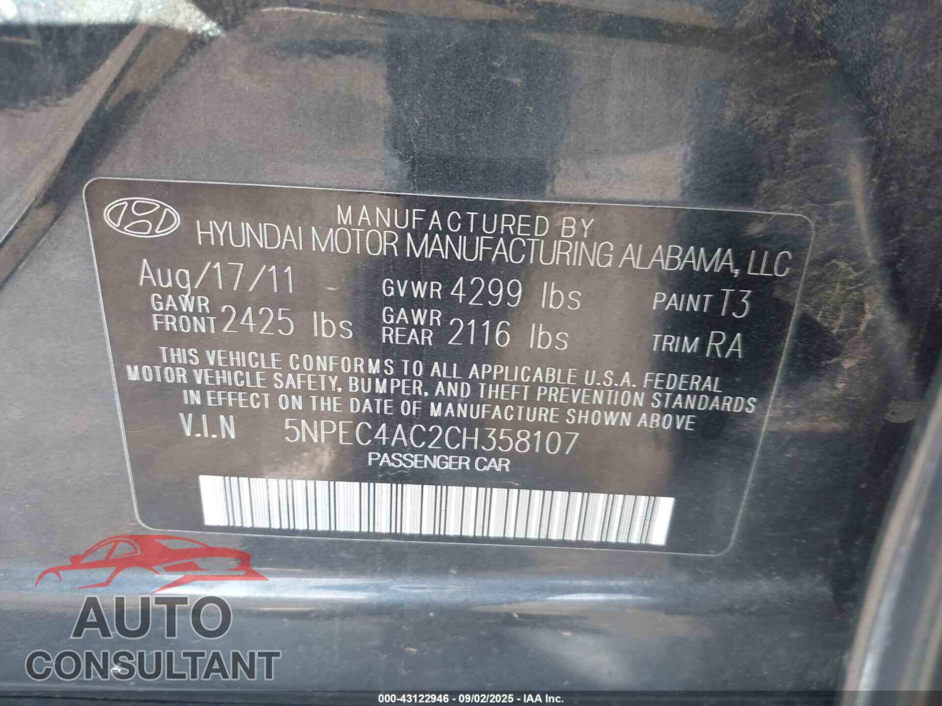 HYUNDAI SONATA 2012 - 5NPEC4AC2CH358107